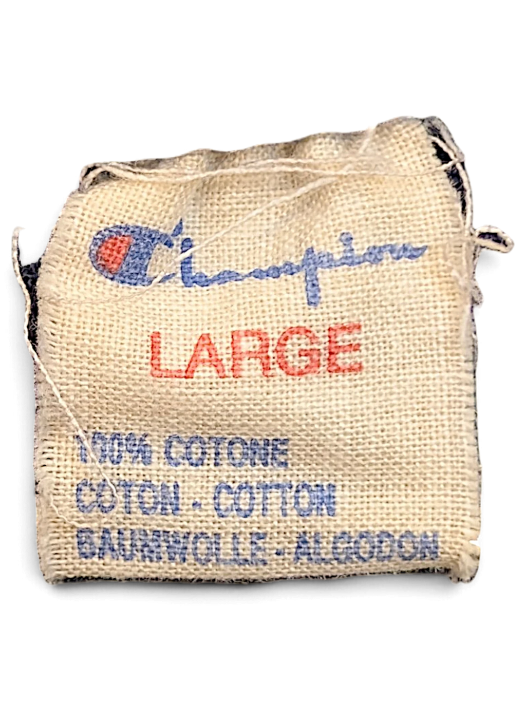 JAKE & IPI Champion brand clothing label showing size Large and 100% cotton composition on a woven fabric tag.