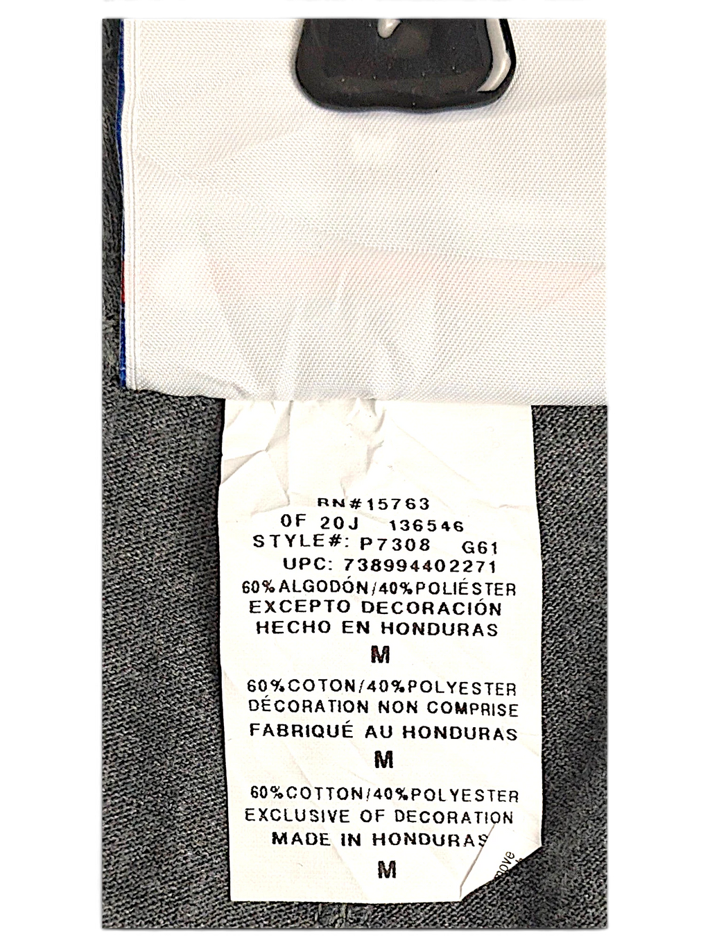JAKE & IPI Champion light grey fleece joggers size M care label showing material composition and origin
