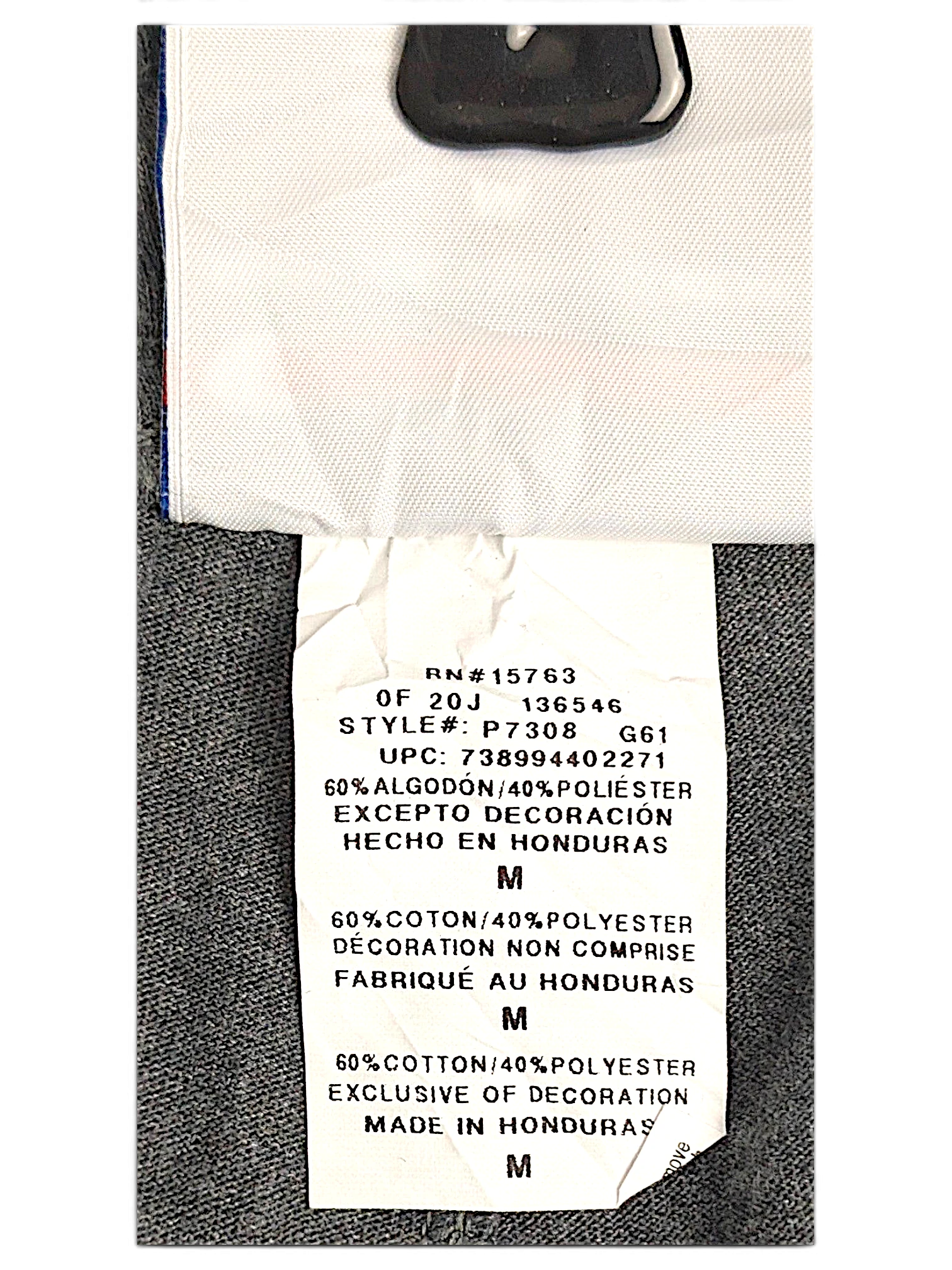 JAKE & IPI Champion light grey fleece joggers size M care label showing material composition and origin