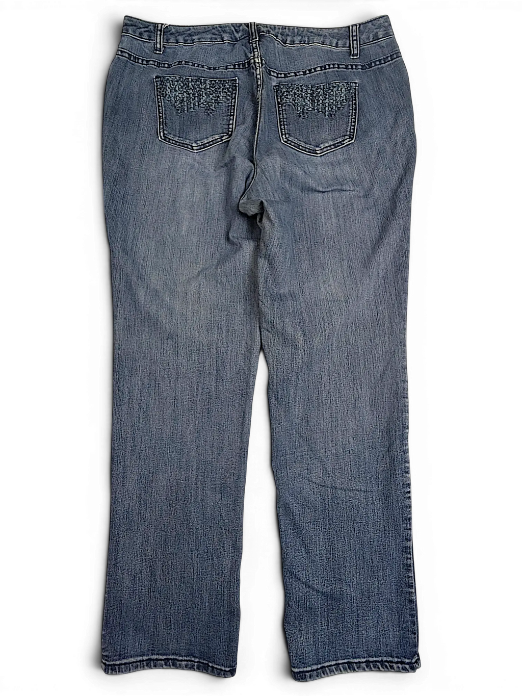JAKE & IPI CJ Banks blue denim jeans featuring back pockets with decorative floral embroidery and a classic fit.