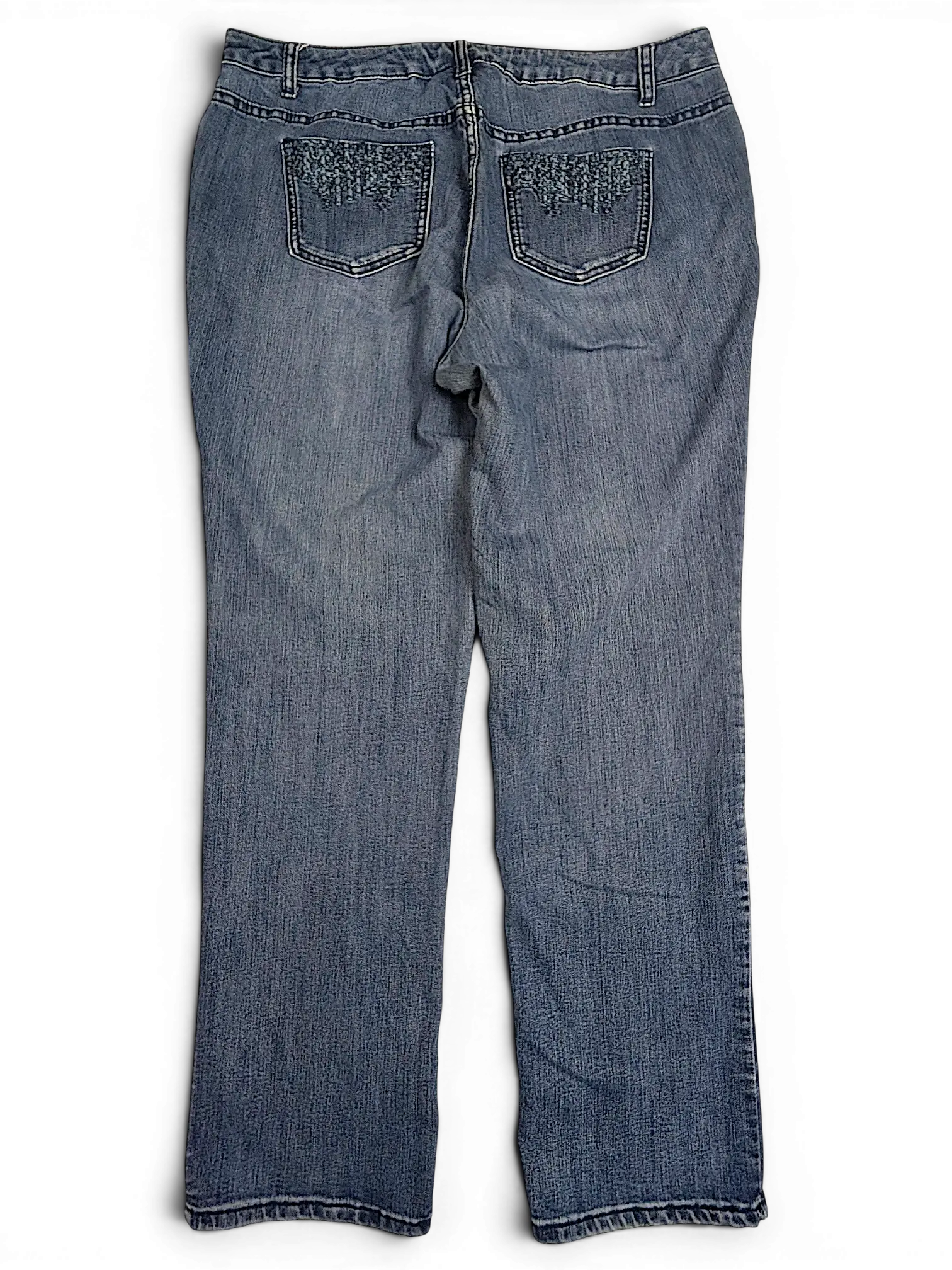 JAKE & IPI CJ Banks blue denim jeans featuring back pockets with decorative floral embroidery and a classic fit.