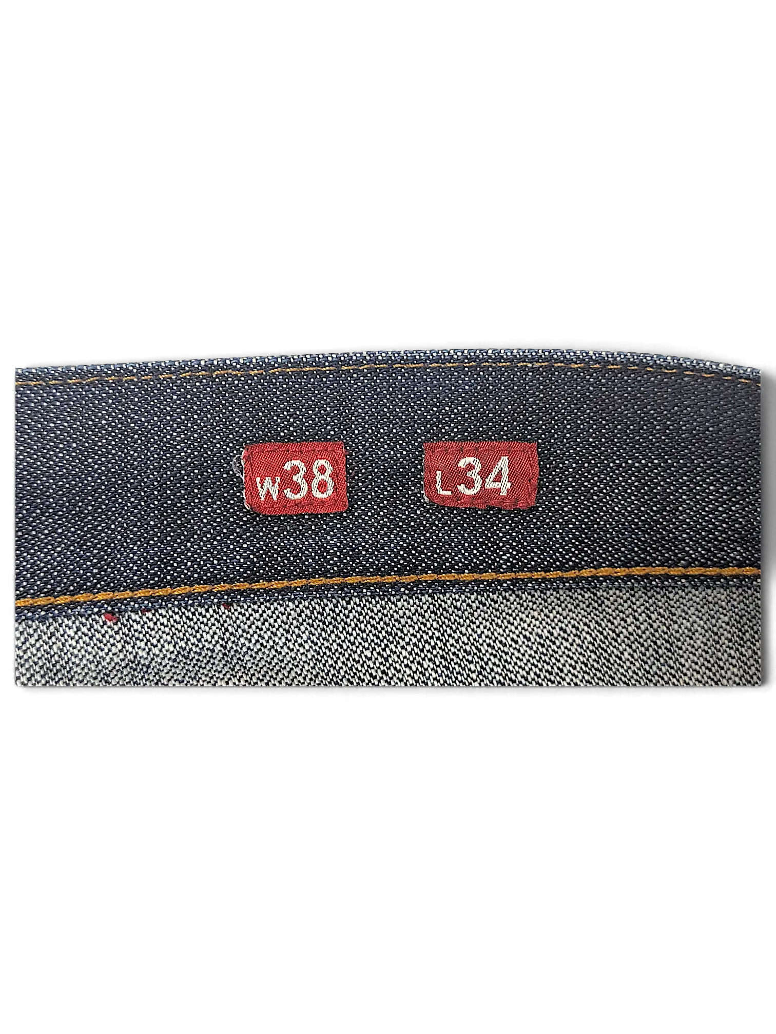 JAKE & IPI Closed denim jeans featuring red size tags showing waist 38 and length 34 on the inner waistband