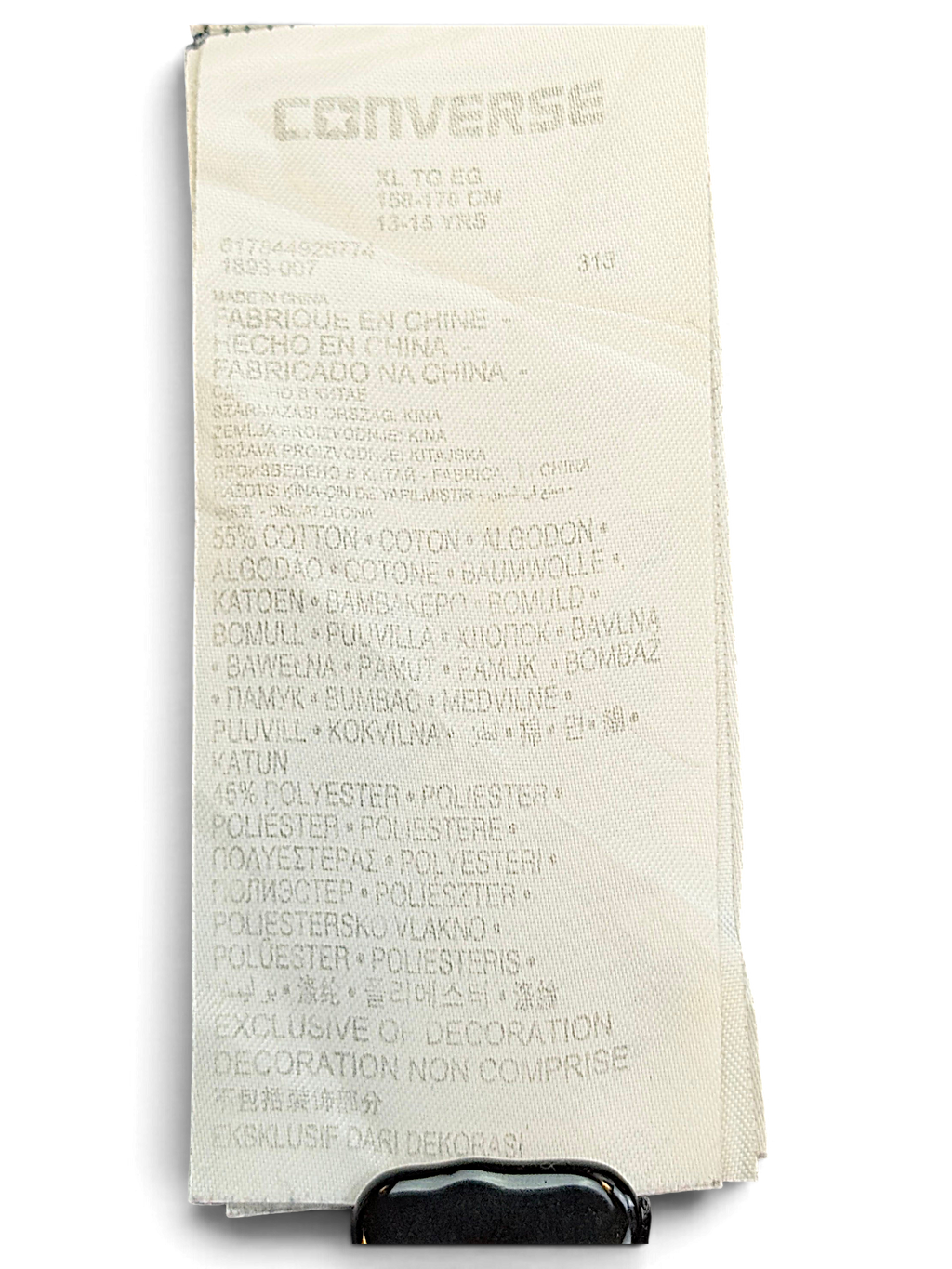 JAKE & IPI Converse Cropped College garment care label showing 55% cotton and 45% polyester fabric composition