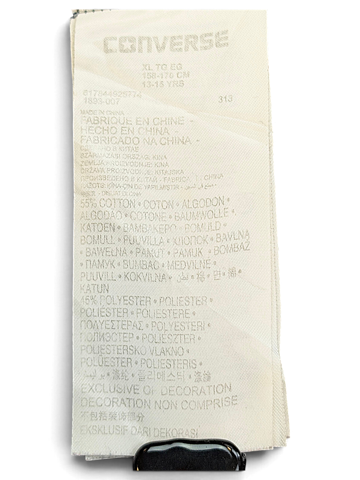 JAKE & IPI Converse Cropped College garment care label showing 55% cotton and 45% polyester fabric composition