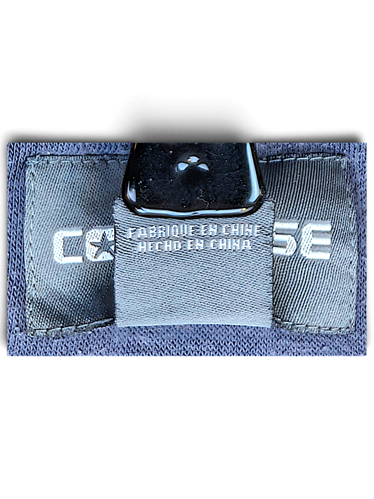 JAKE & IPI Converse Cropped College grey fabric label with Made in China tag and red and white striped trim