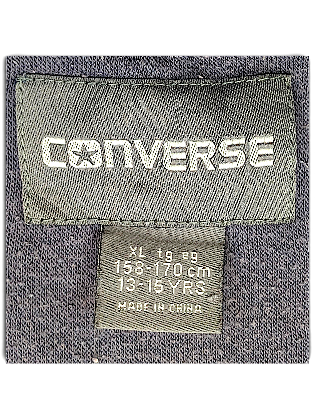 JAKE & IPI Converse navy blue cropped college sweatshirt interior brand label and size tag