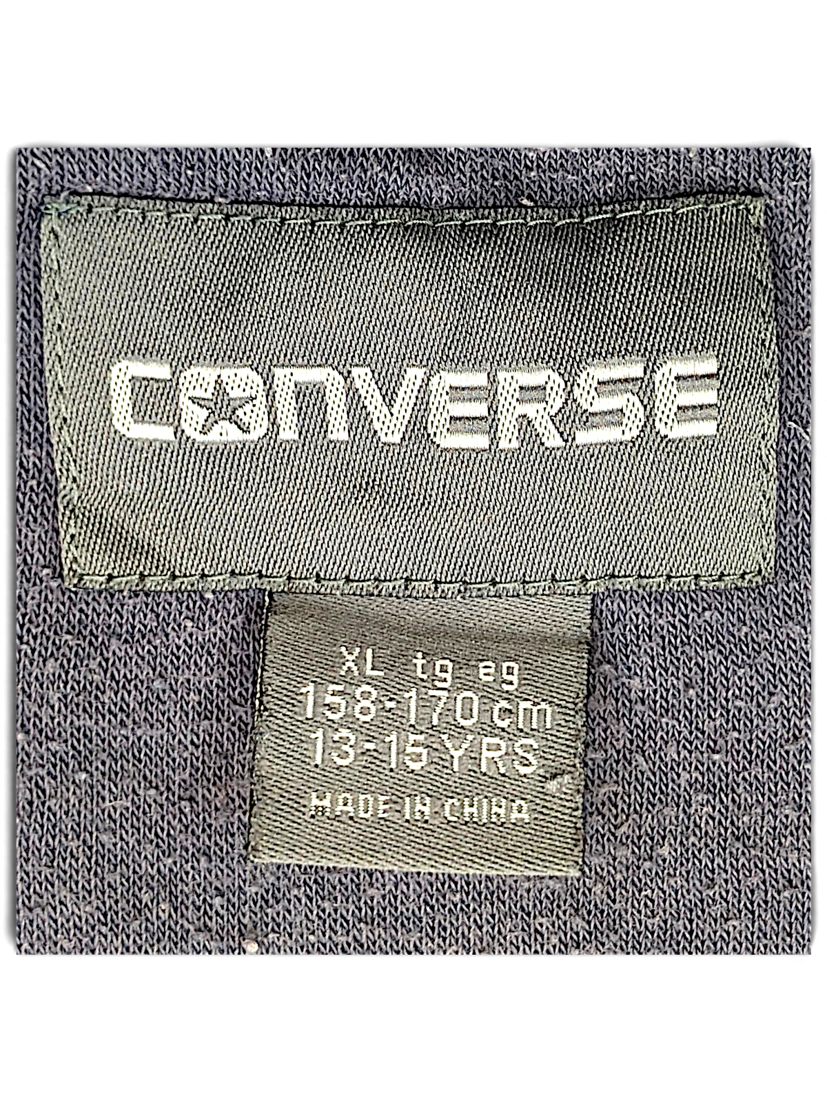 JAKE & IPI Converse navy blue cropped college sweatshirt interior brand label and size tag