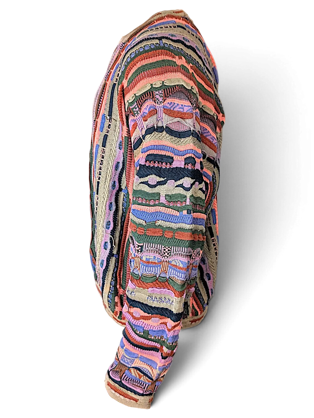 JAKE & IPI COOGI knit sweater featuring a vibrant multi-colored textured pattern and intricate woven design.