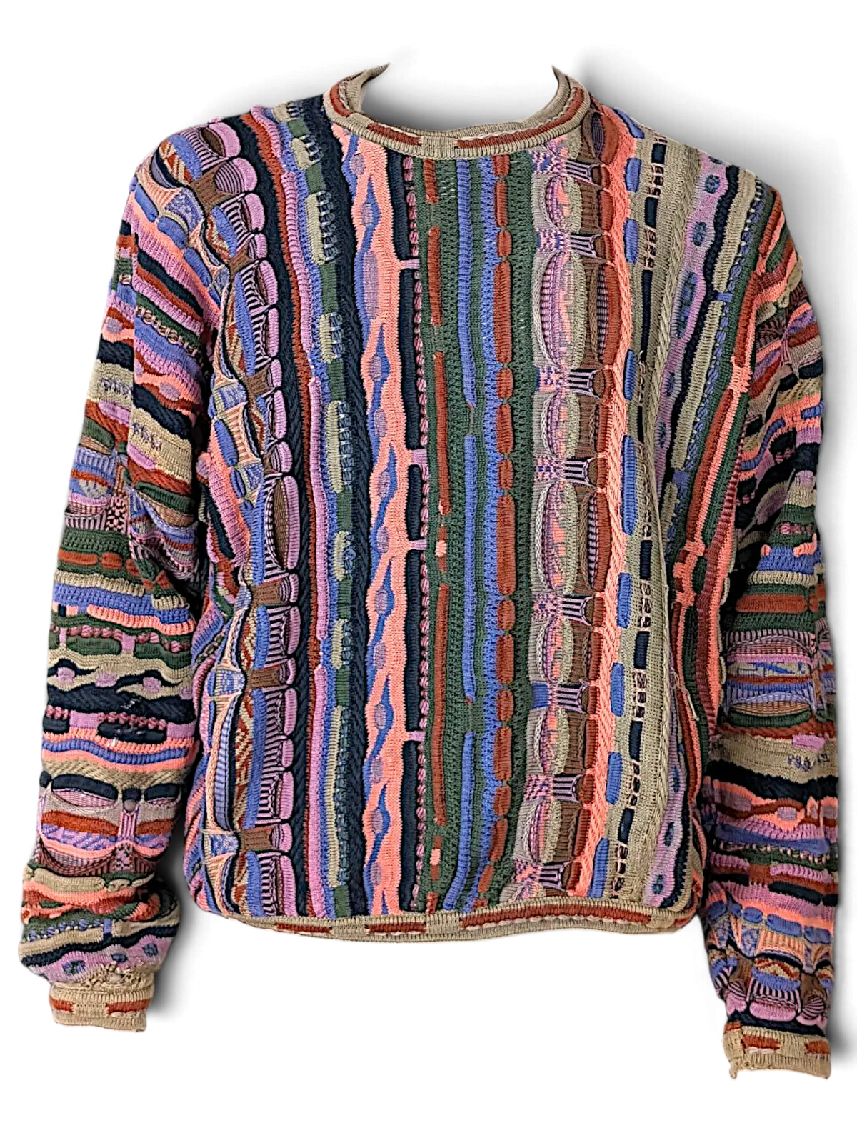 JAKE & IPI COOGI knit sweater featuring a vibrant multi-colored textured pattern with vertical stripes.