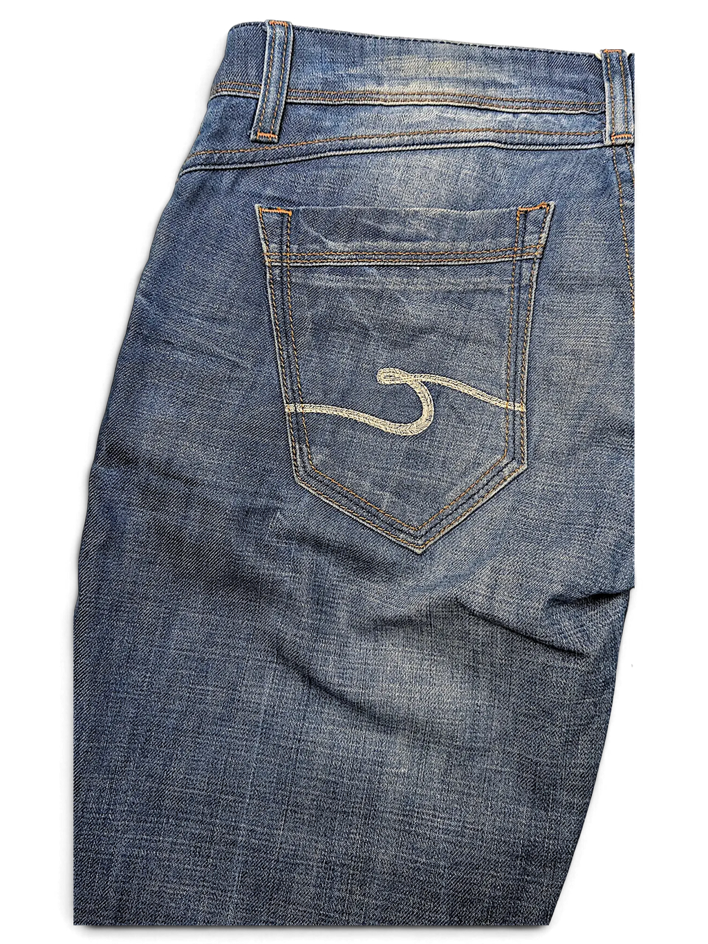 JAKE & IPI Cross Jeanswear co blue denim jeans with embroidered back pocket detail and distressed wash finish