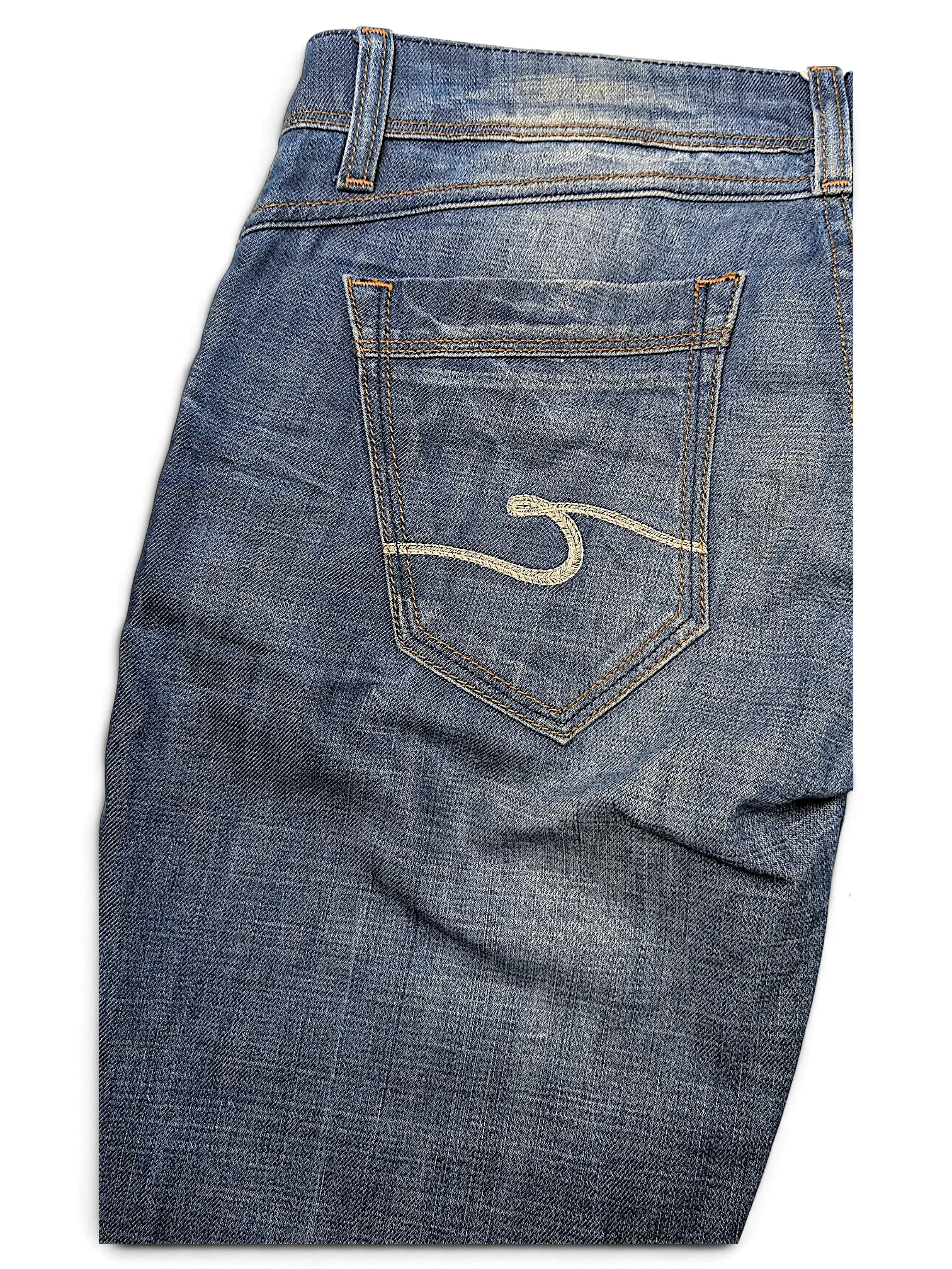 JAKE & IPI Cross Jeanswear co blue denim jeans with embroidered back pocket detail and distressed wash finish
