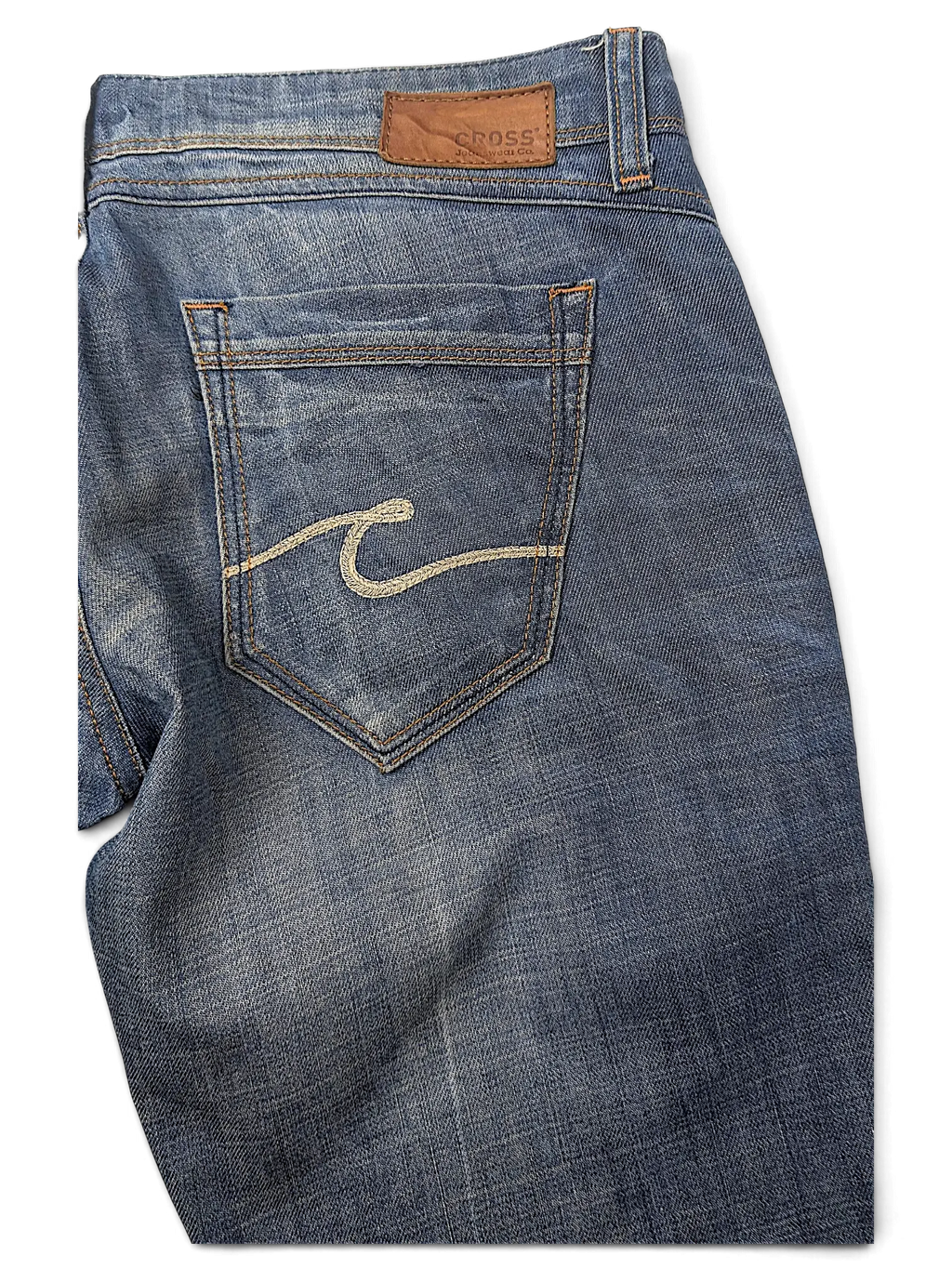 JAKE & IPI Cross Jeanswear co blue denim jeans with back pocket embroidery and leather brand patch