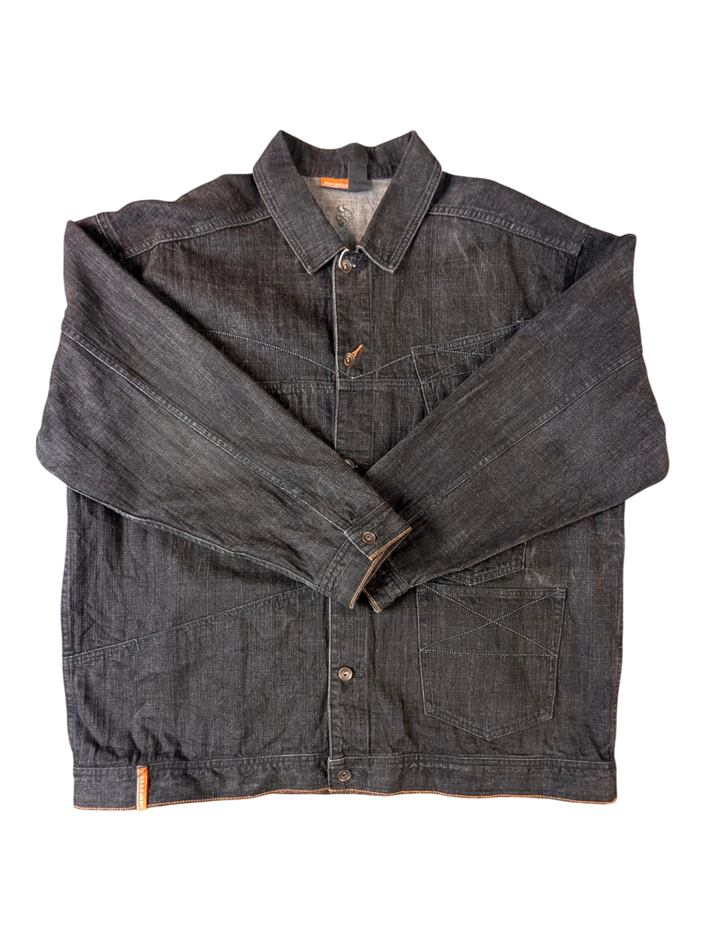 JAKE & IPI dark wash denim jacket with button closure and chest pockets.