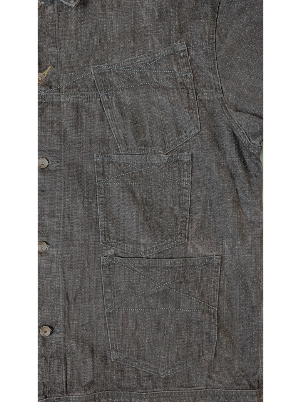 JAKE & IPI dark grey denim jacket with three chest pockets and button closure.