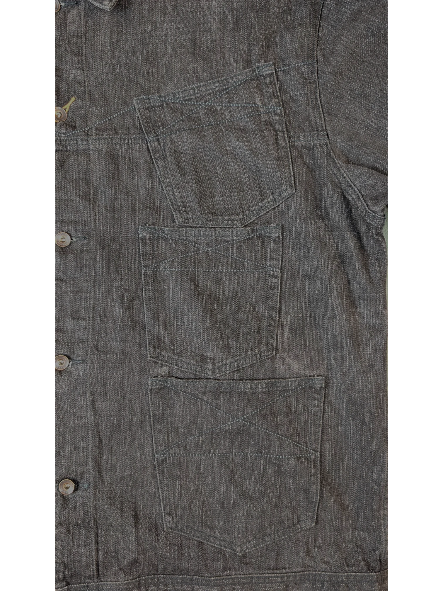 JAKE & IPI dark grey denim jacket with three chest pockets and button closure.
