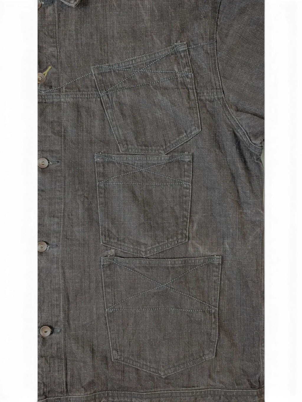 JAKE & IPI dark grey denim jacket with three chest pockets and button closure.