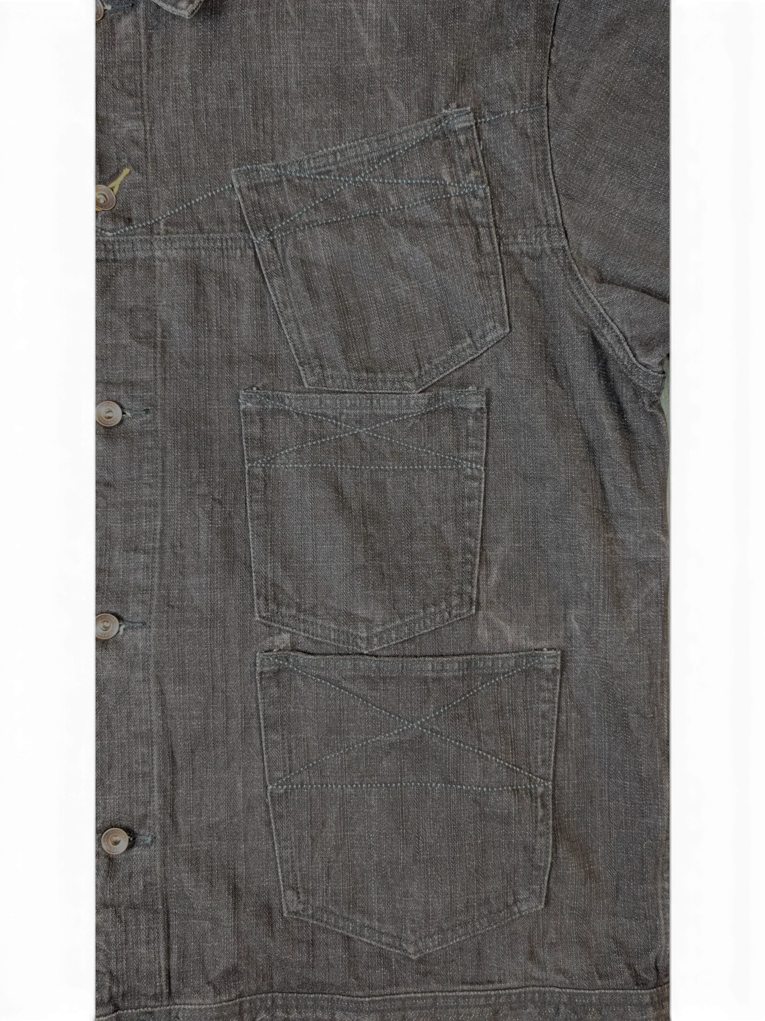 JAKE & IPI dark grey denim jacket with three chest pockets and button closure.