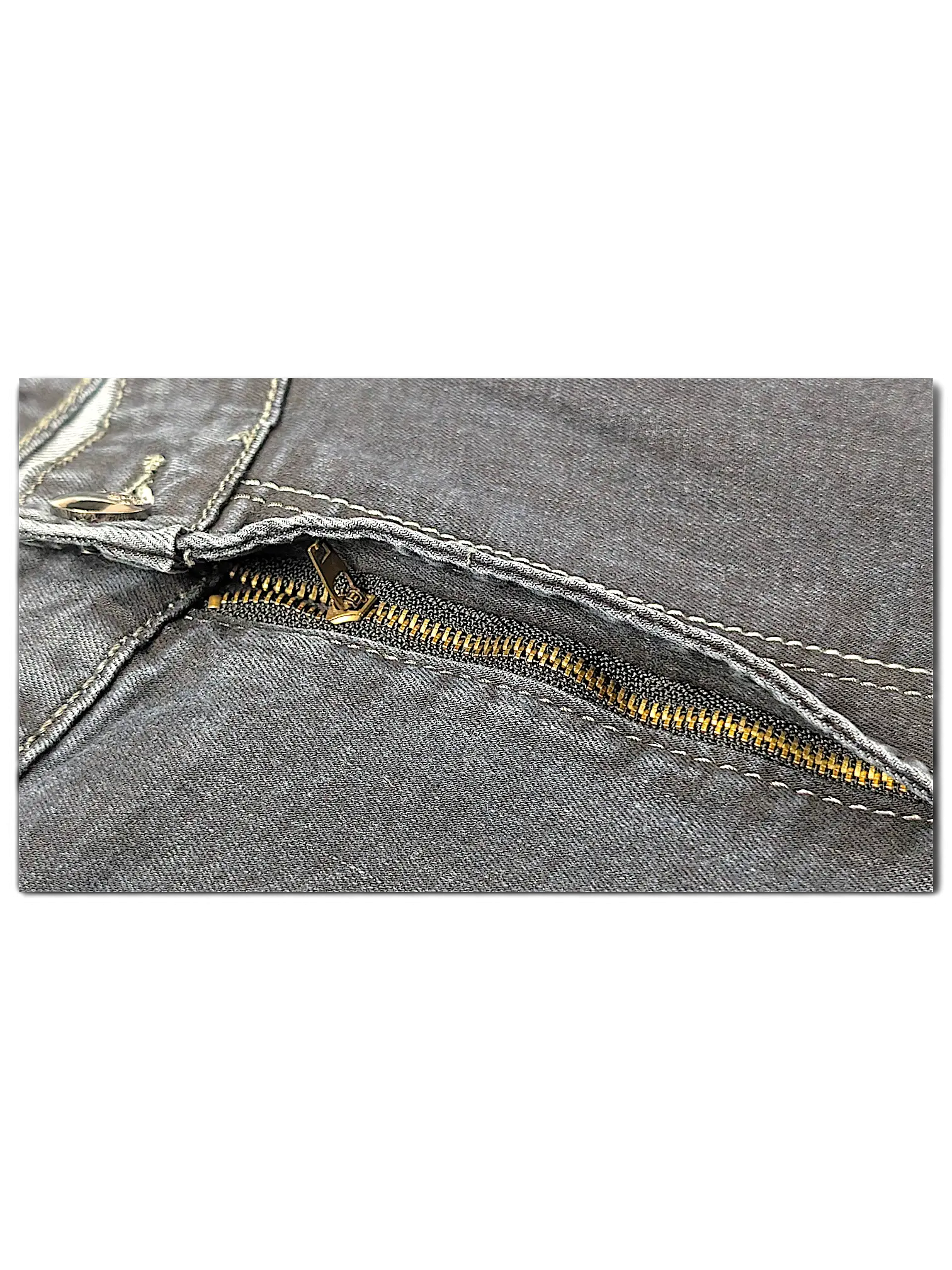 JAKE & IPI Miss Natalie MN Denim Division jeans featuring dark grey fabric with contrast stitching and a brass zipper