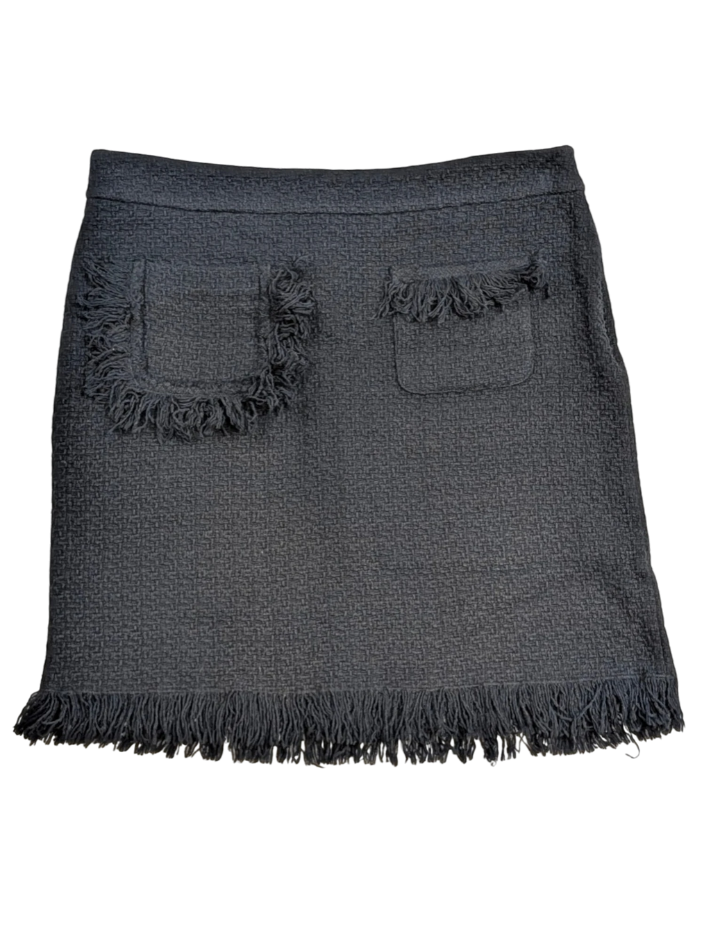 JAKE & IPI dark grey tweed mini skirt with fringe trim and decorative pockets. Textured fabric, mid-rise waist.
