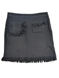 JAKE & IPI dark grey tweed mini skirt with fringe trim and decorative pockets. Textured fabric, mid-rise waist.
