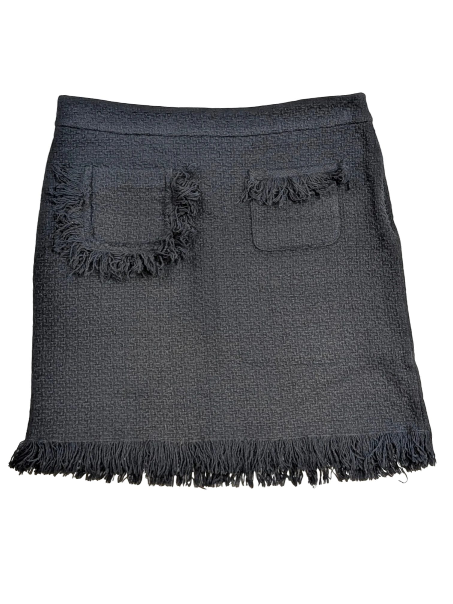 JAKE & IPI dark grey tweed mini skirt with fringe trim and decorative pockets. Textured fabric, mid-rise waist.