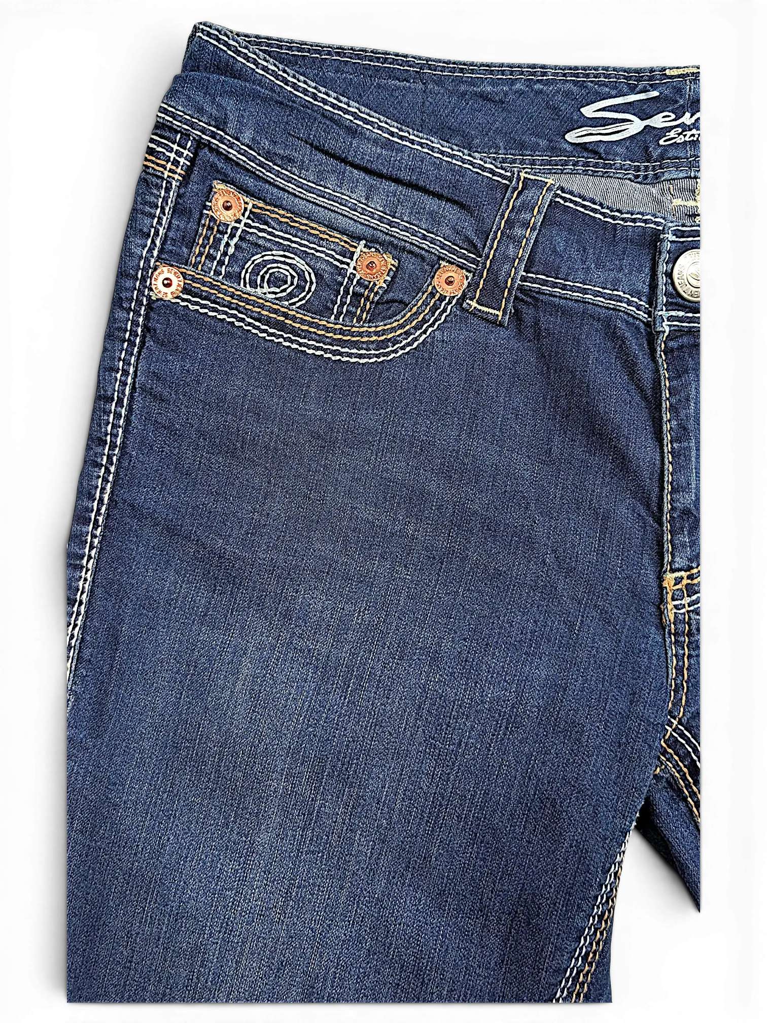JAKE & IPI dark wash denim capri jeans featuring copper rivets and contrast stitching on the front pocket
