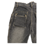 JAKE & IPI dark wash denim cargo jeans with button flap pockets and contrast stitching. Model 6051 W31 L32.