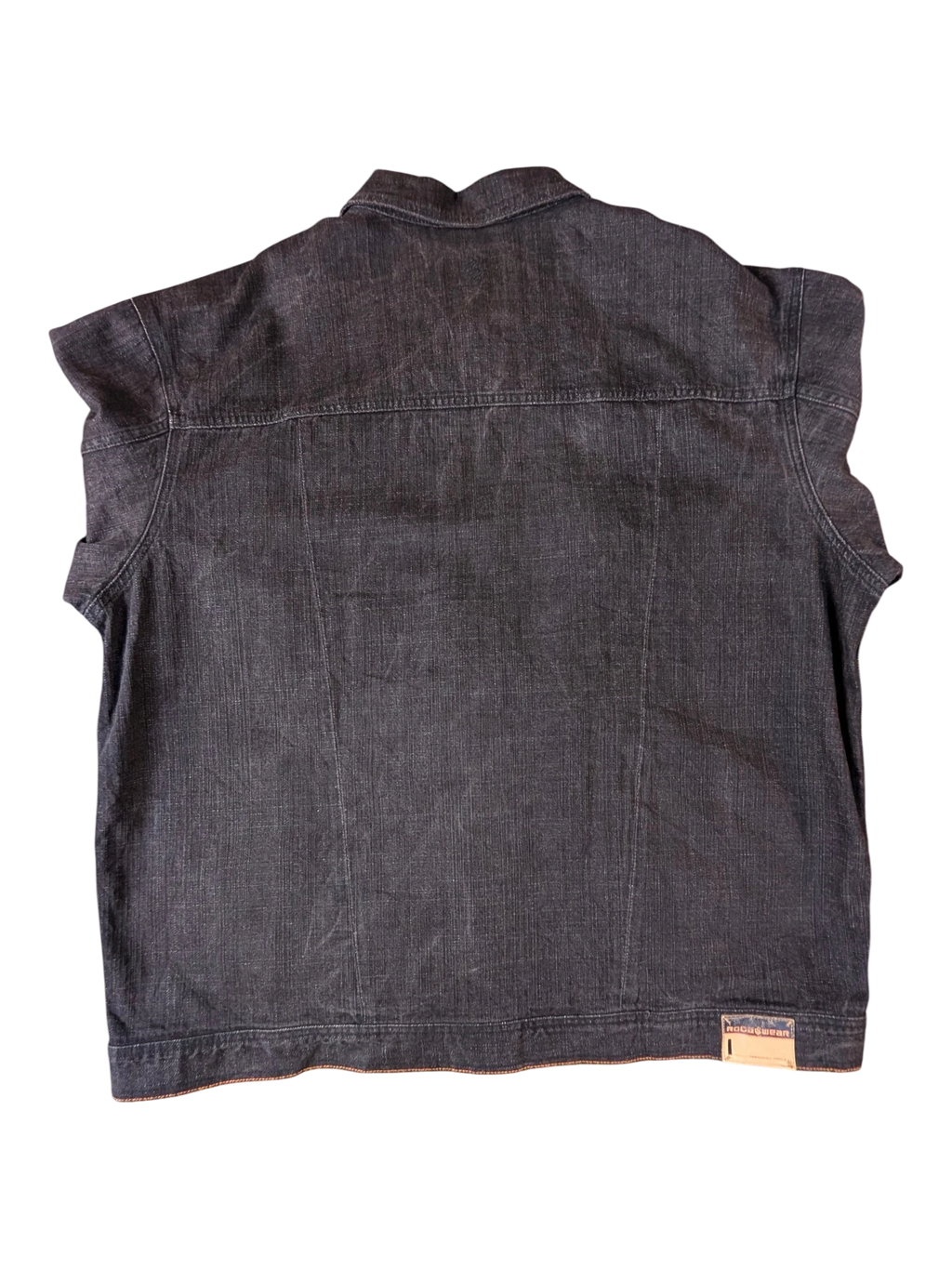 JAKE & IPI dark wash denim jacket with collar and short sleeves, featuring contrast stitching and a Rocawear logo tag.