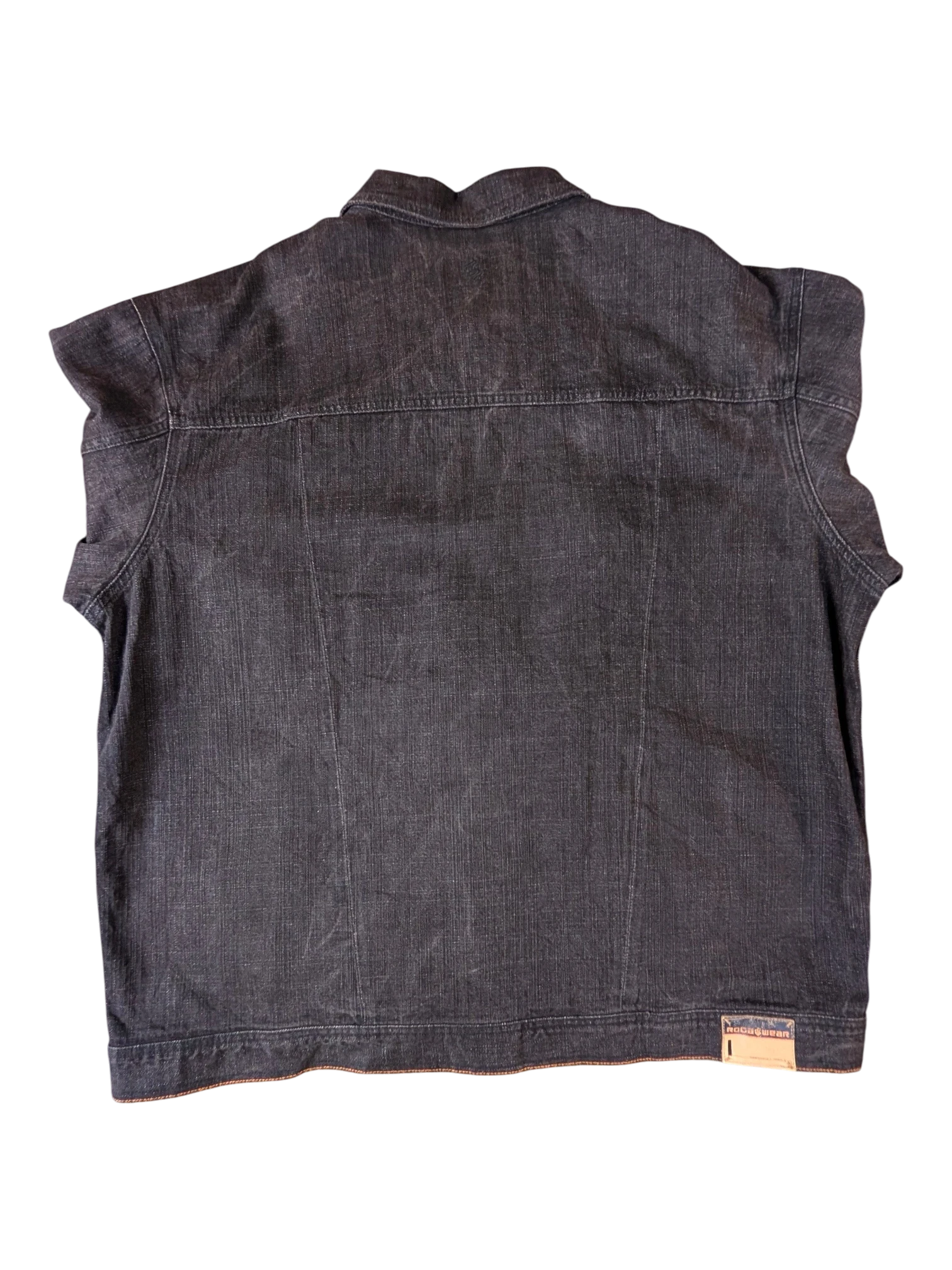 JAKE & IPI dark wash denim jacket with collar and short sleeves, featuring contrast stitching and a Rocawear logo tag.