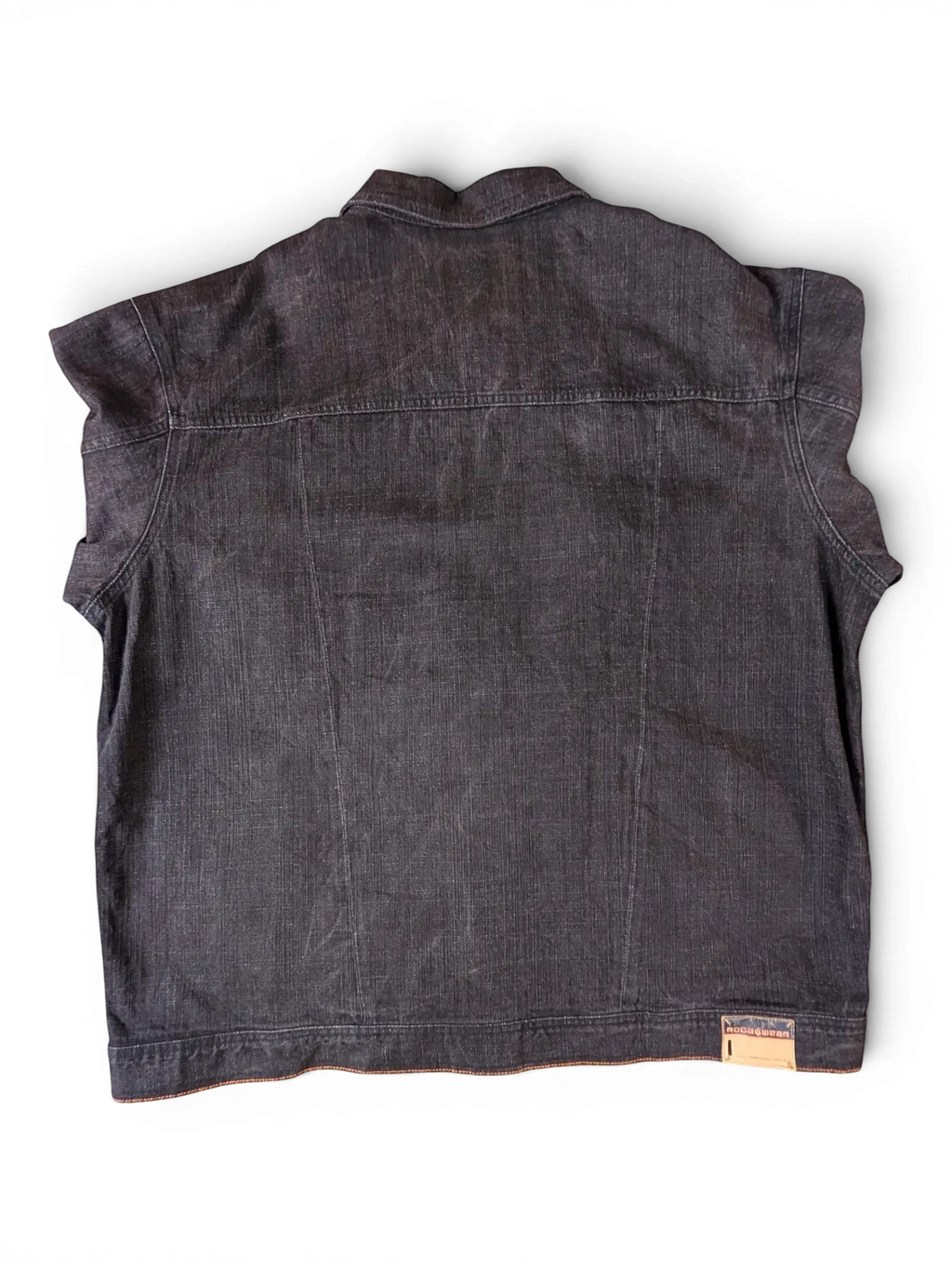 JAKE & IPI dark wash denim jacket with collar and short sleeves, featuring contrast stitching and a Rocawear logo tag.