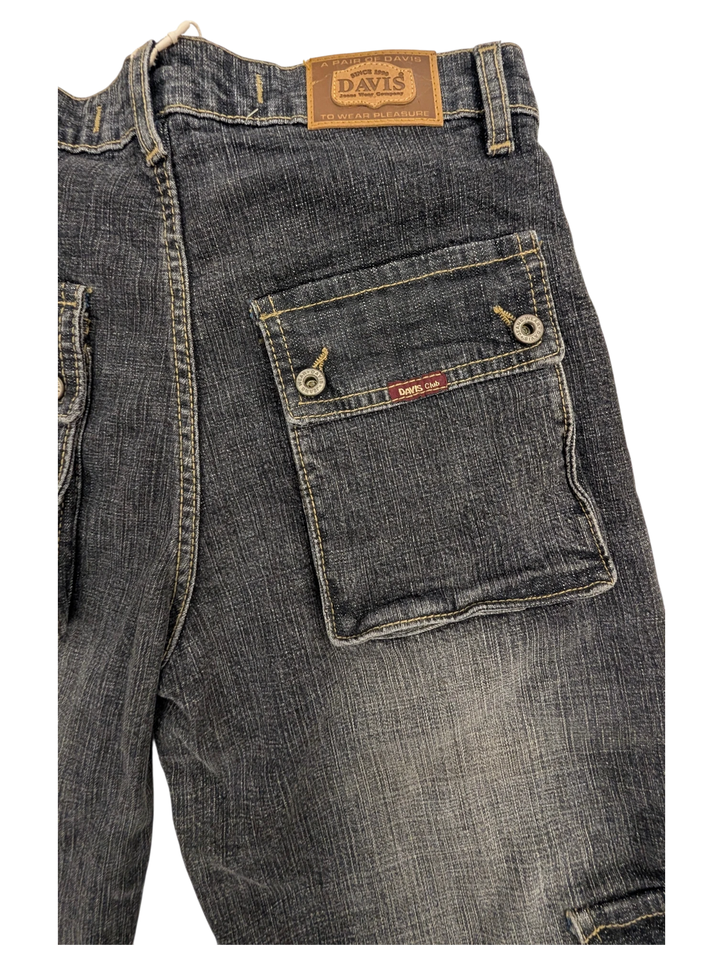 JAKE & IPI dark wash denim jeans with cargo pocket detail and leather brand patch. Model 6051 W31 L32.
