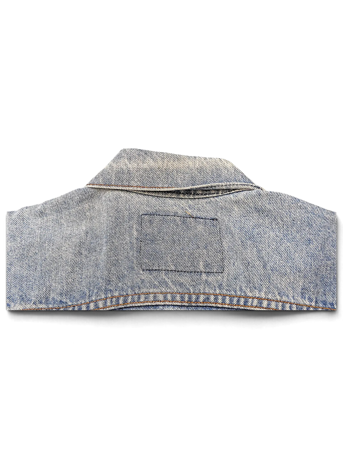 JAKE & IPI vintage light wash denim jacket collar with a removed brand tag and visible stitching detail