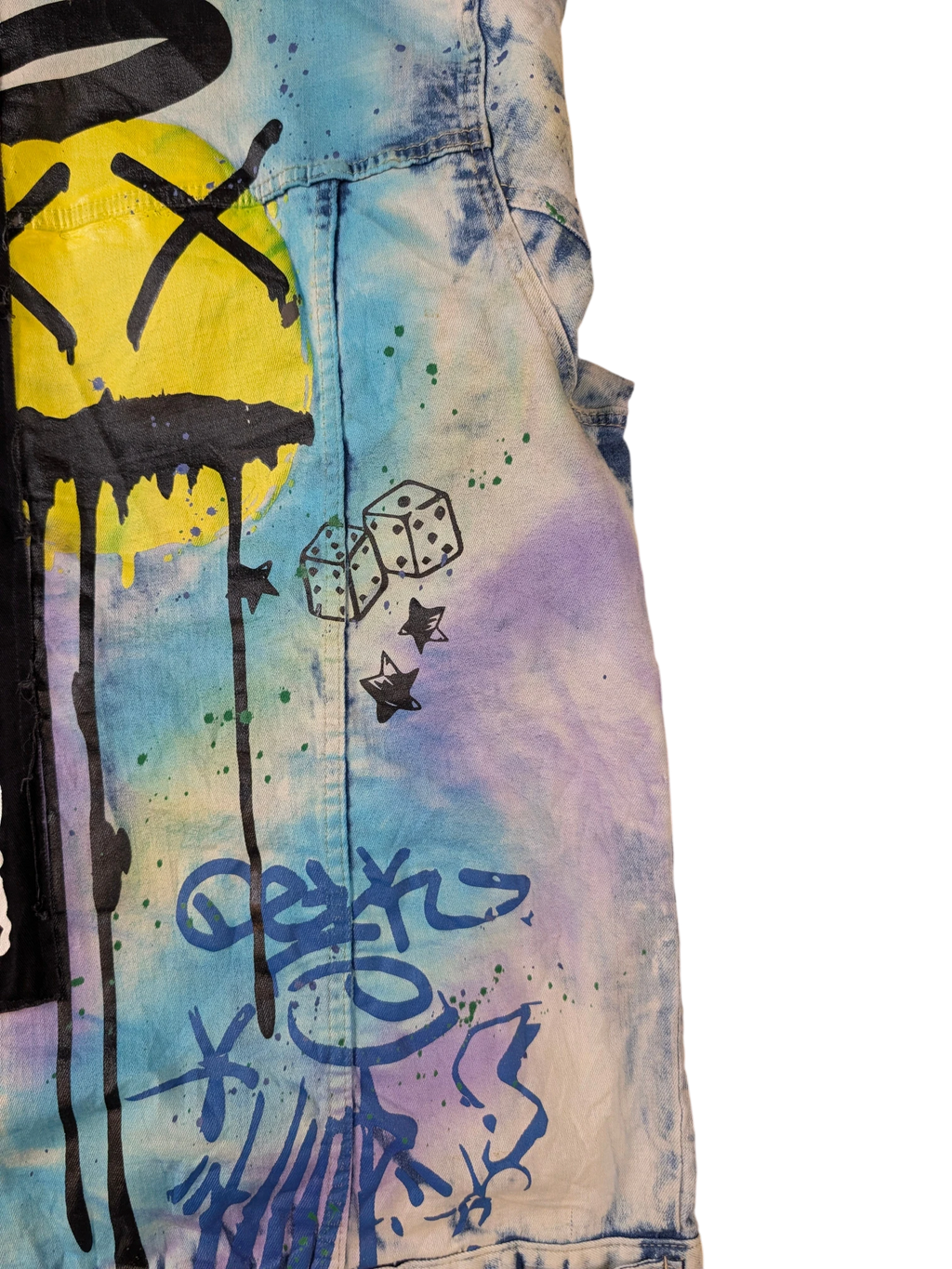 JAKE & IPI denim jacket with tie-dye wash, graffiti art, dice, stars, and a distressed smiley face graphic.