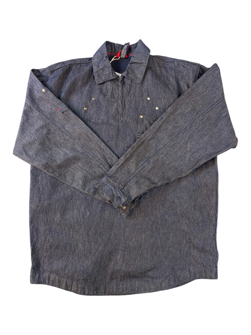 JAKE & IPI Willie Esco denim jacket with quarter zip, button cuffs, and brass stud details.