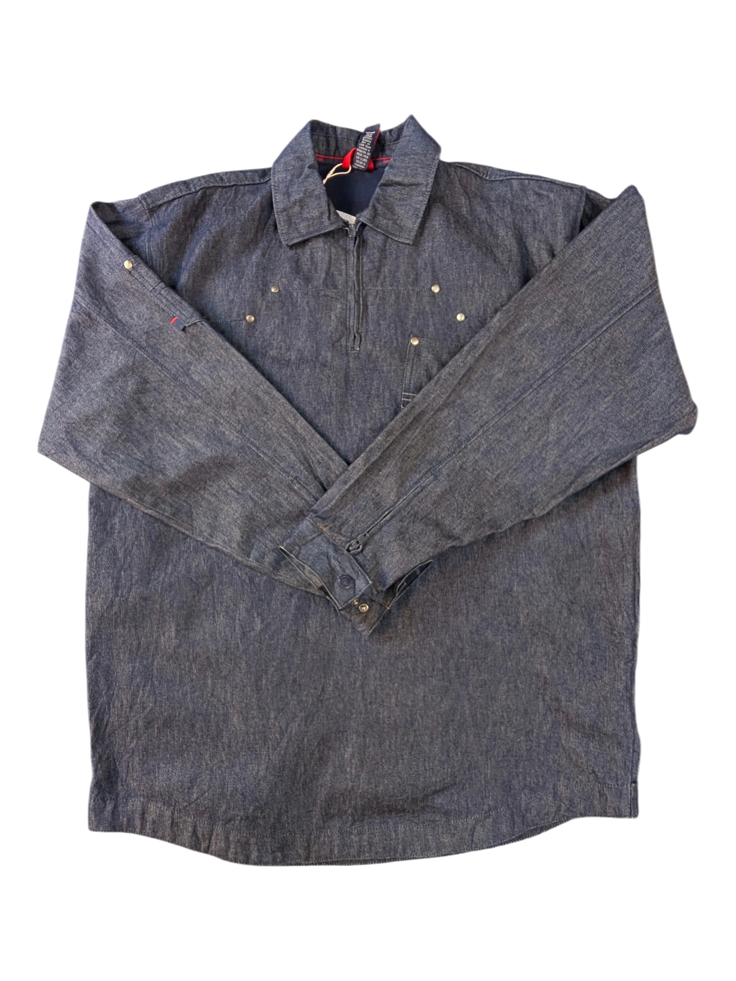 JAKE & IPI Willie Esco denim jacket with quarter zip, button cuffs, and brass stud details.