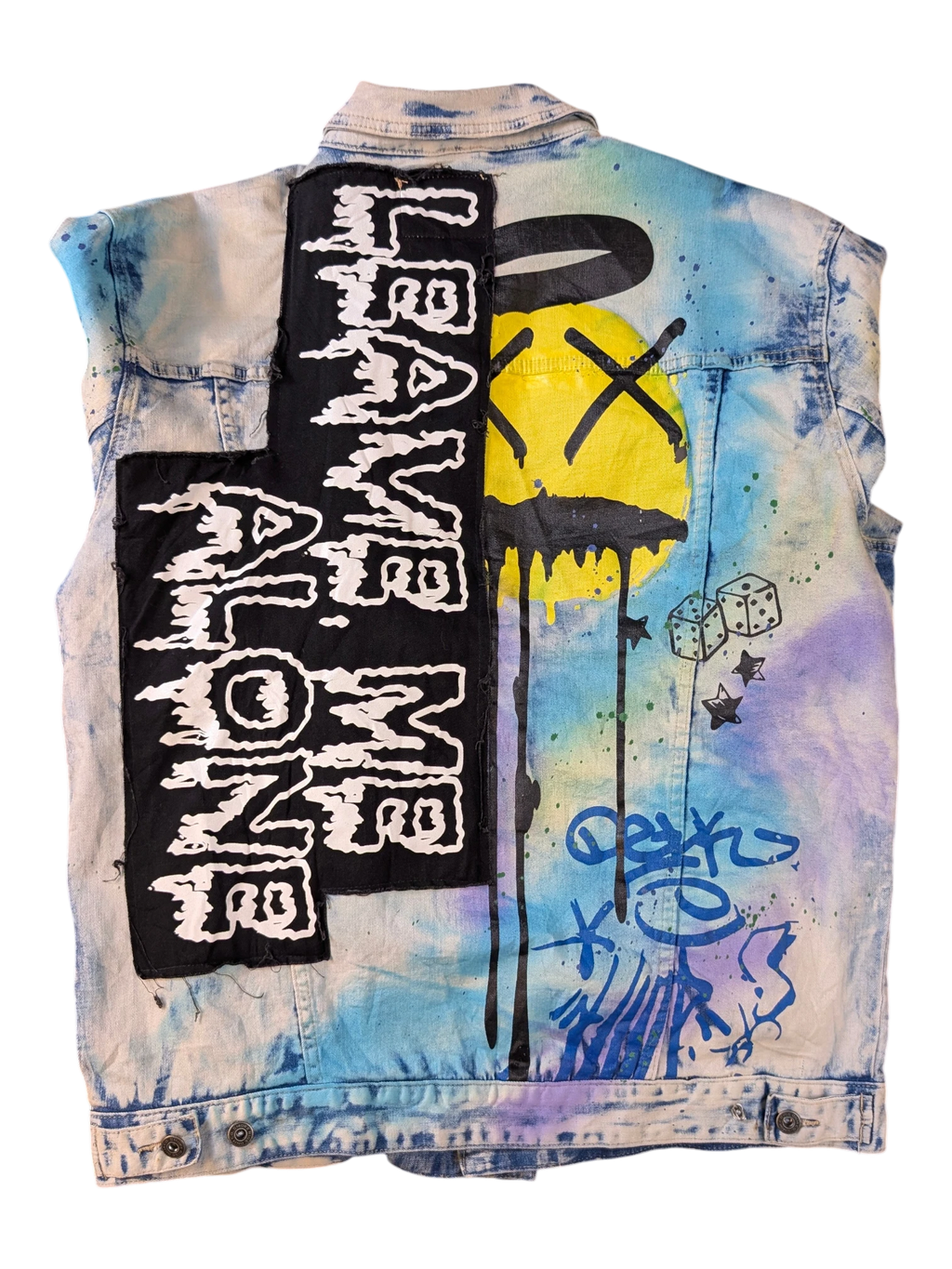 JAKE & IPI Smoke Rise denim jacket with tie-dye wash, patches, and graphic print of a smiley face and dice.