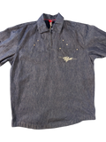JAKE & IPI Willie Esco denim jacket with embroidered logo on chest pocket, silver stud details, and quarter zip closure.