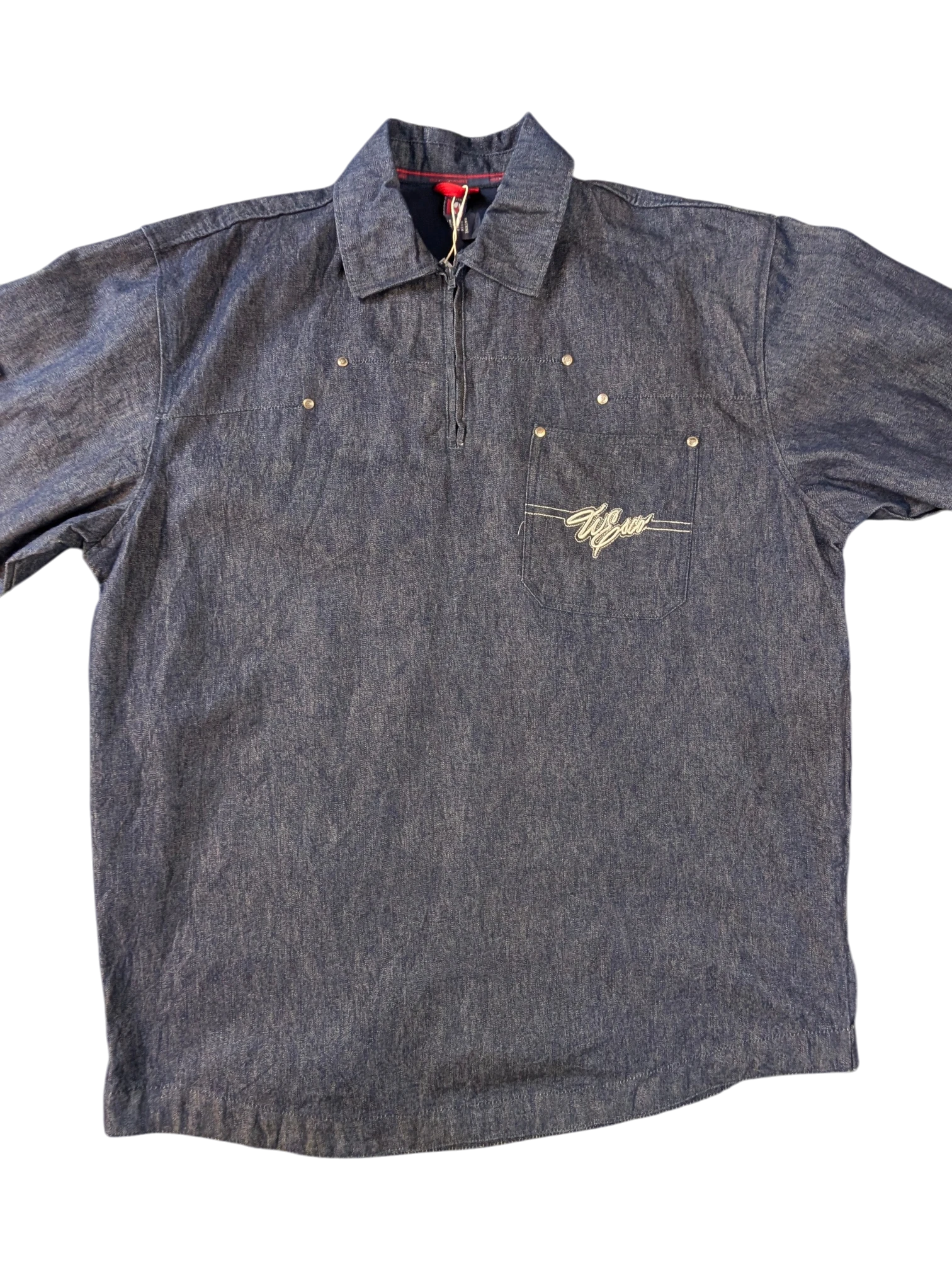 JAKE & IPI Willie Esco denim jacket with embroidered logo on chest pocket, silver stud details, and quarter zip closure.