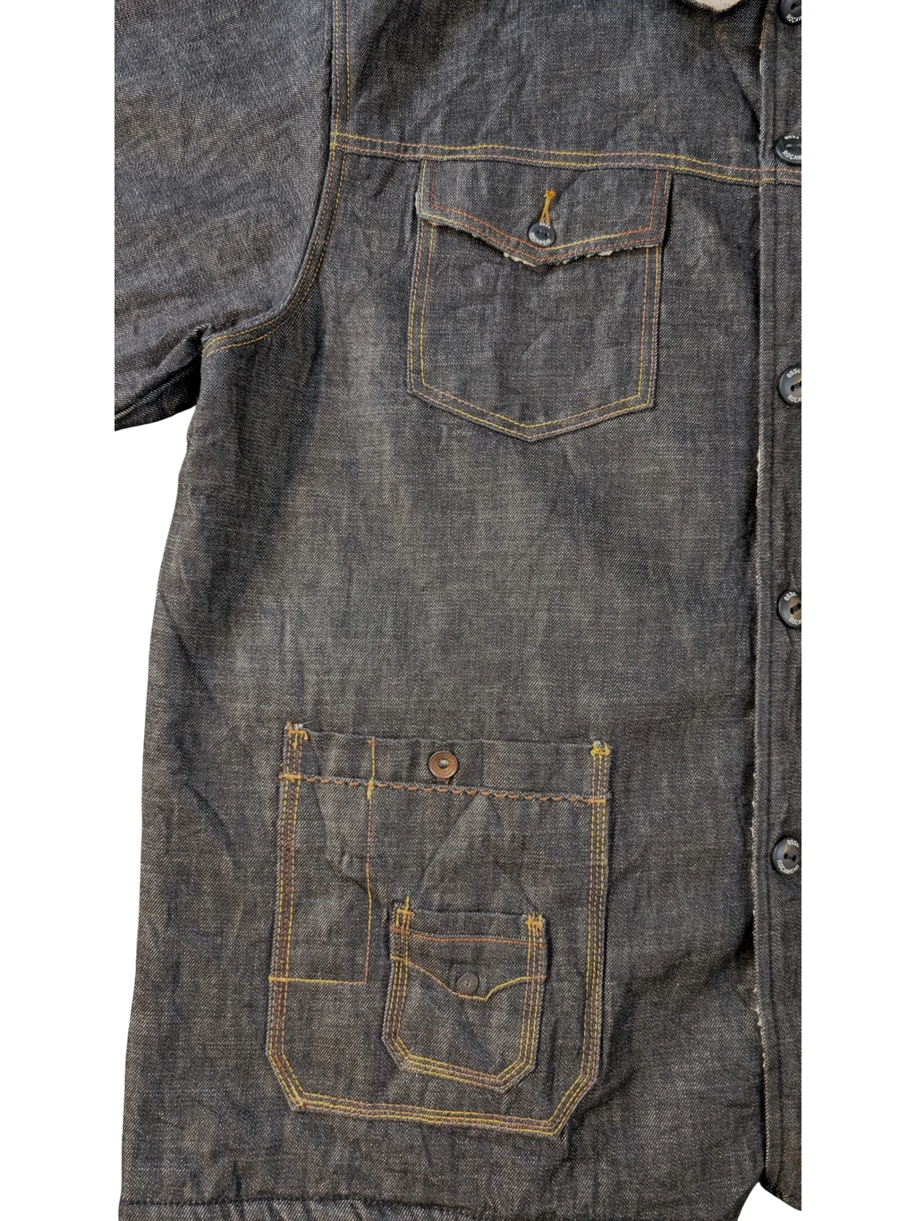 JAKE & IPI dark wash denim sherpa lined jacket with chest and hip pockets, featuring contrast yellow stitching.