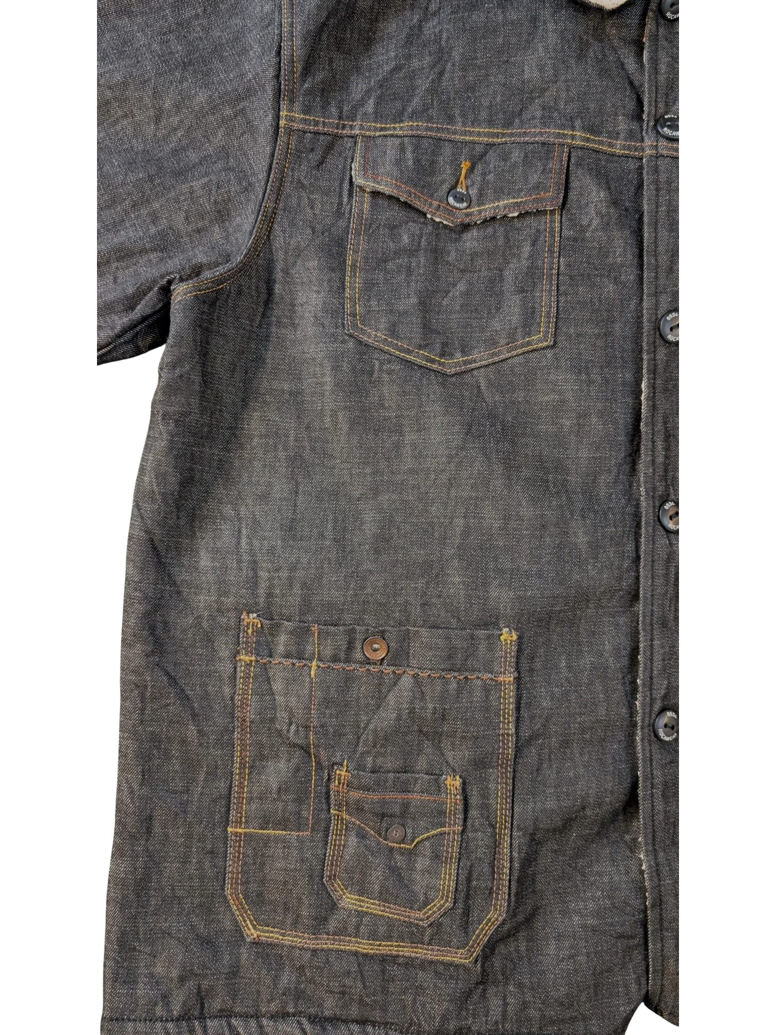 JAKE & IPI dark wash denim sherpa lined jacket with chest and hip pockets, featuring contrast yellow stitching.