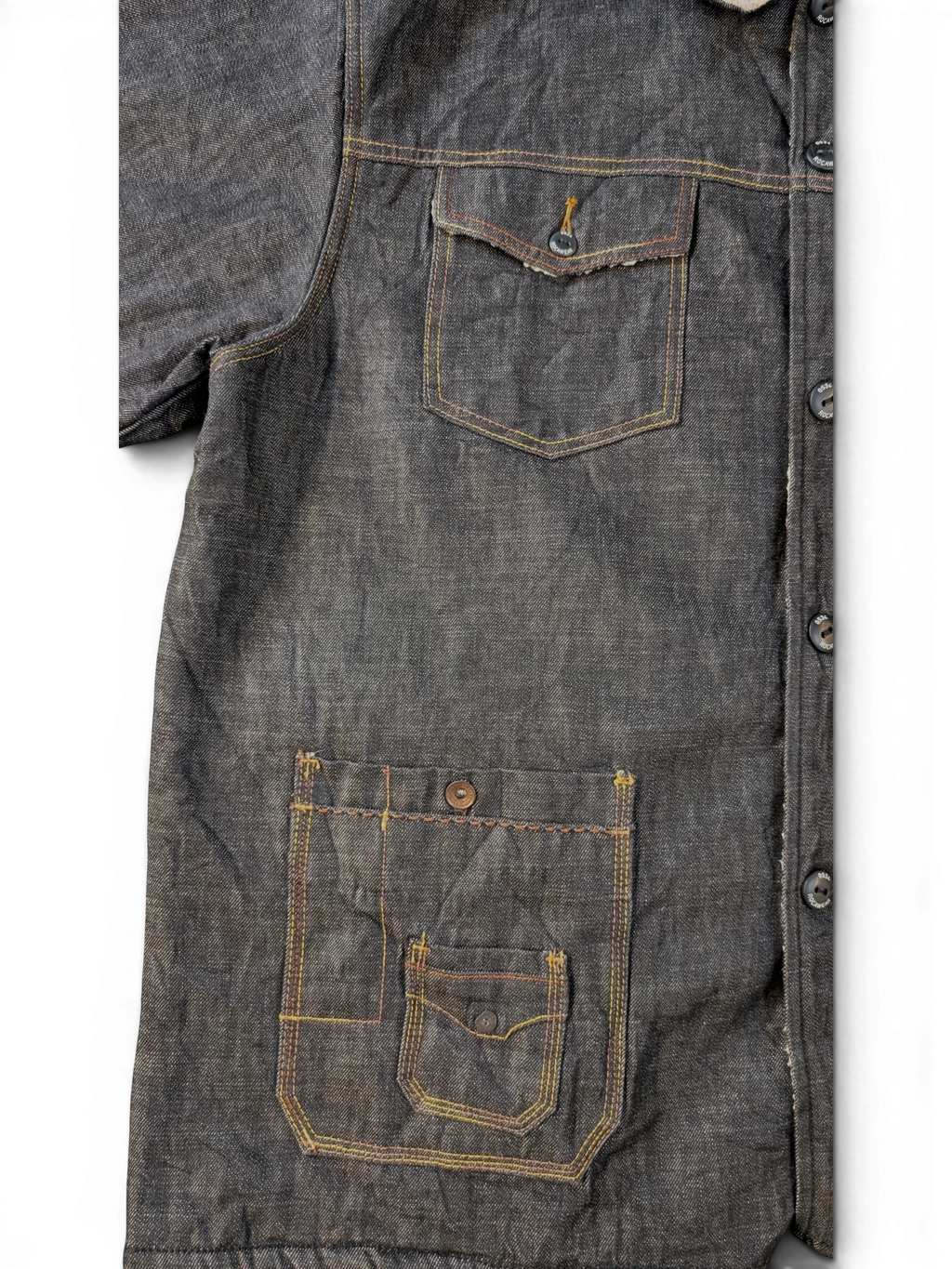 JAKE & IPI dark wash denim sherpa lined jacket with chest and hip pockets, featuring contrast yellow stitching.