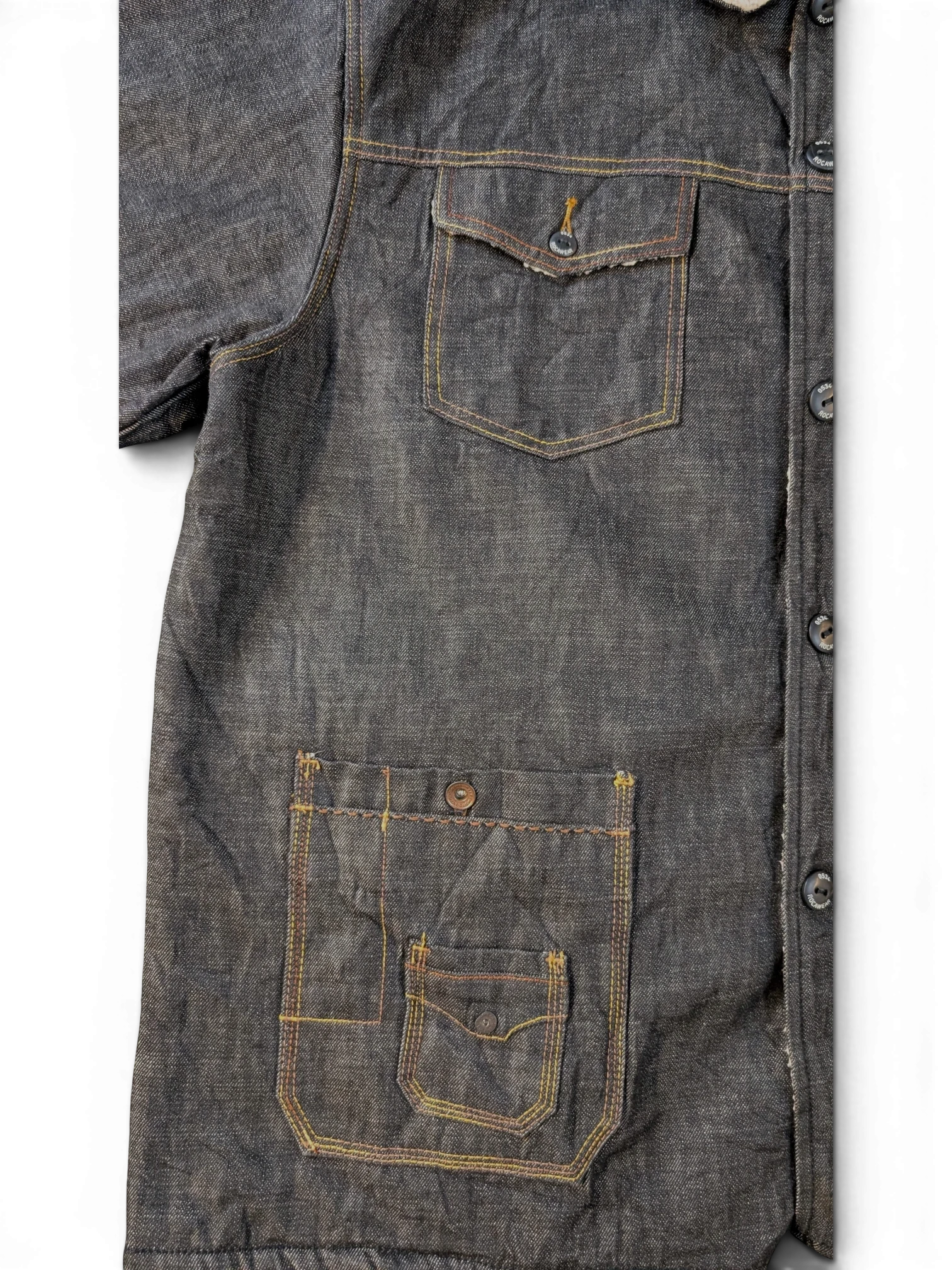 JAKE & IPI dark wash denim sherpa lined jacket with chest and hip pockets, featuring contrast yellow stitching.