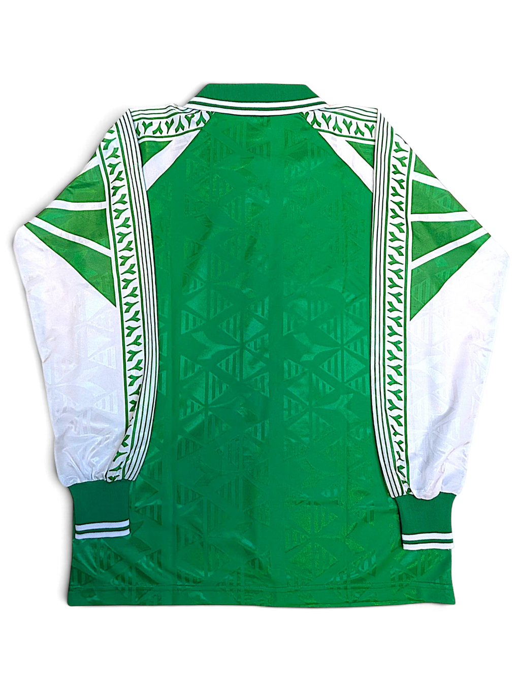 JAKE & IPI deadstock Diadora Grit green long-sleeve football jersey with geometric jacquard, back view
