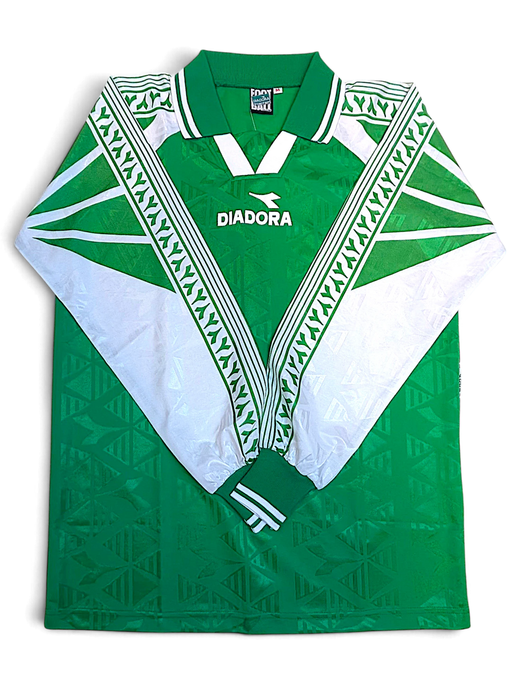 JAKE & IPI deadstock 1990s Diadora Grit green and white long-sleeve football jersey, front view