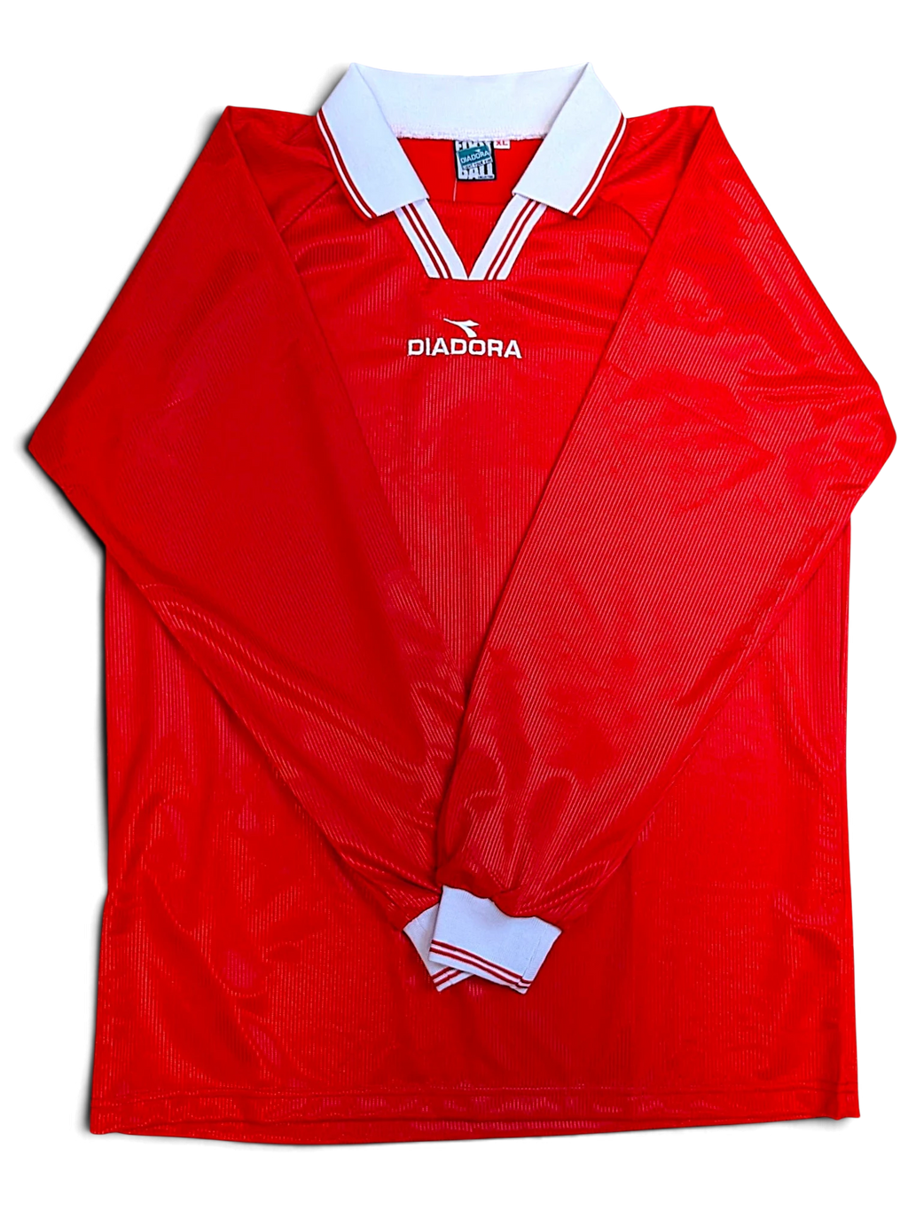 JAKE & IPI deadstock 1990s Diadora Roma red and white long-sleeve football shirt, front view
