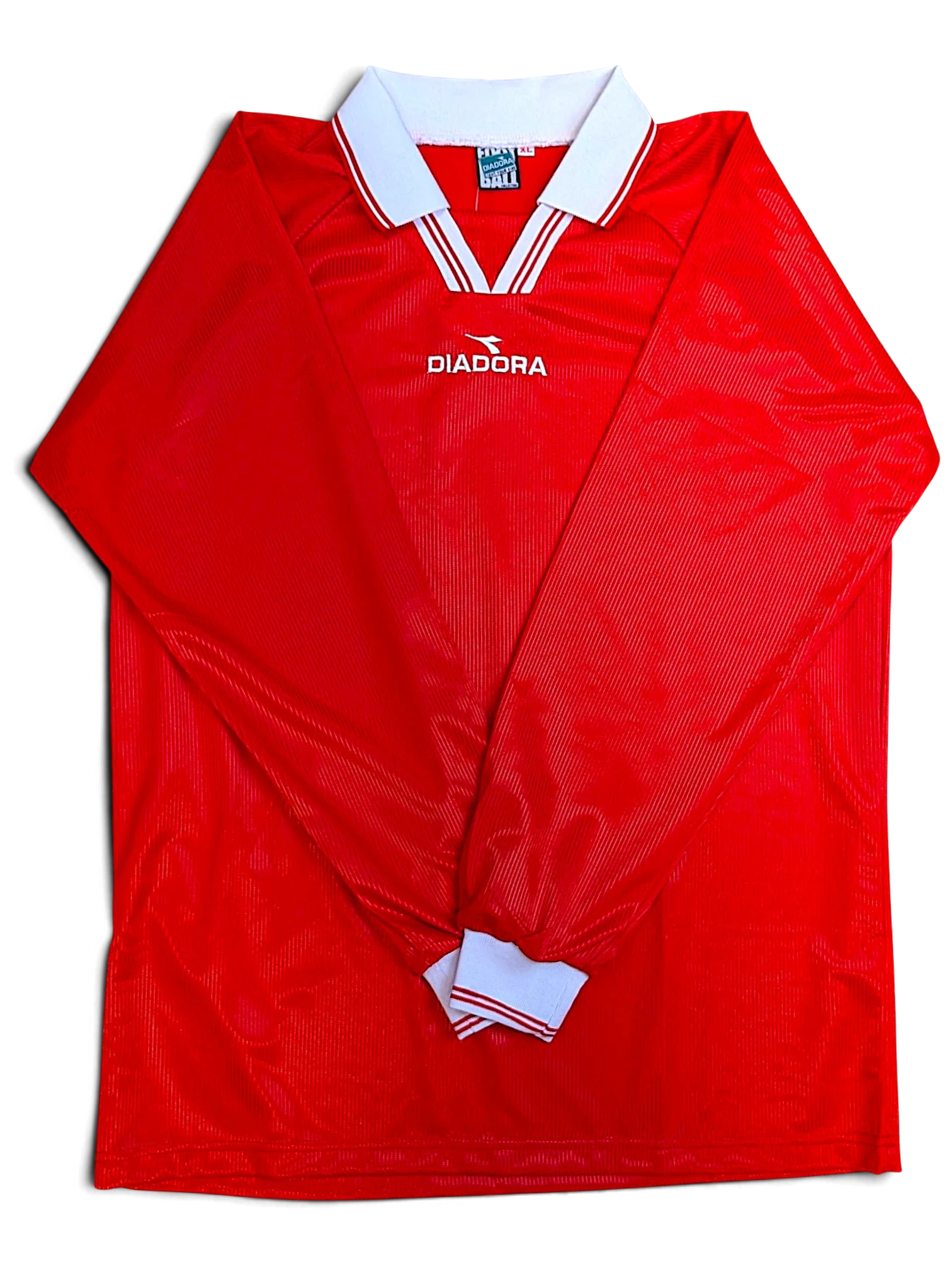 JAKE & IPI deadstock 1990s Diadora Roma red and white long-sleeve football shirt, front view