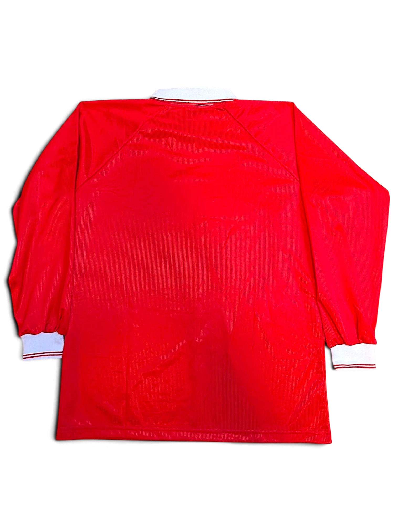 JAKE & IPI deadstock Diadora Roma red long-sleeve football shirt with tonal stripe texture, back view