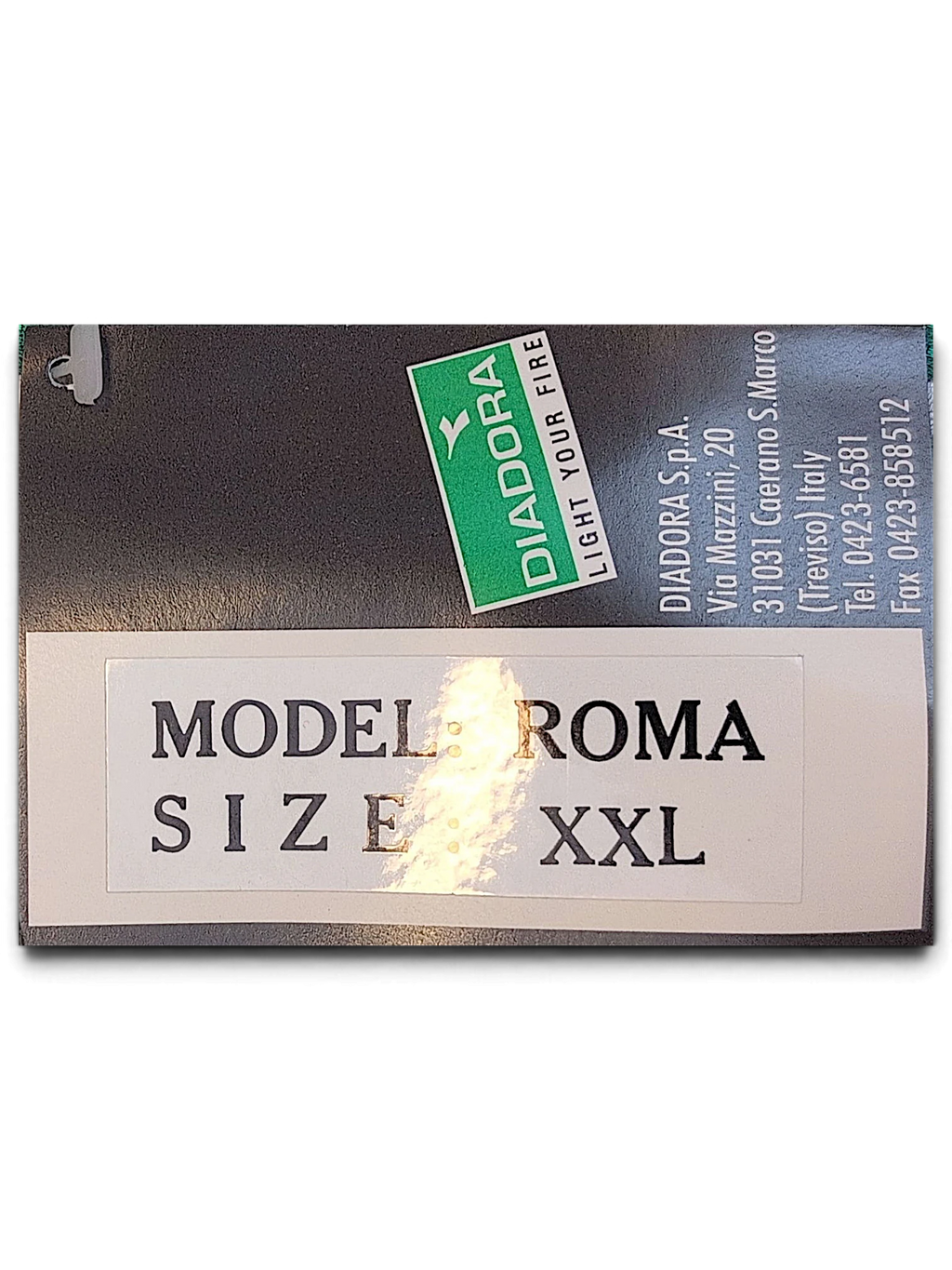JAKE & IPI Diadora product tag showing Roma model and size XXL