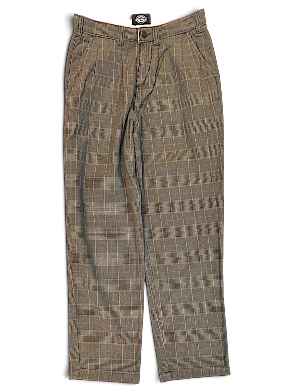JAKE & IPI pre-owned Dickies grey plaid pleated trousers with a relaxed leg fit and front button closure.