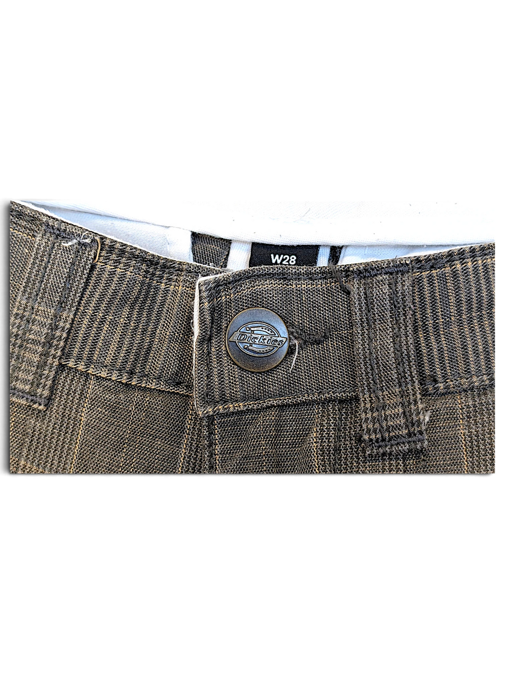 JAKE & IPI Dickies grey plaid pleated trousers featuring a branded metal button and W28 size tag